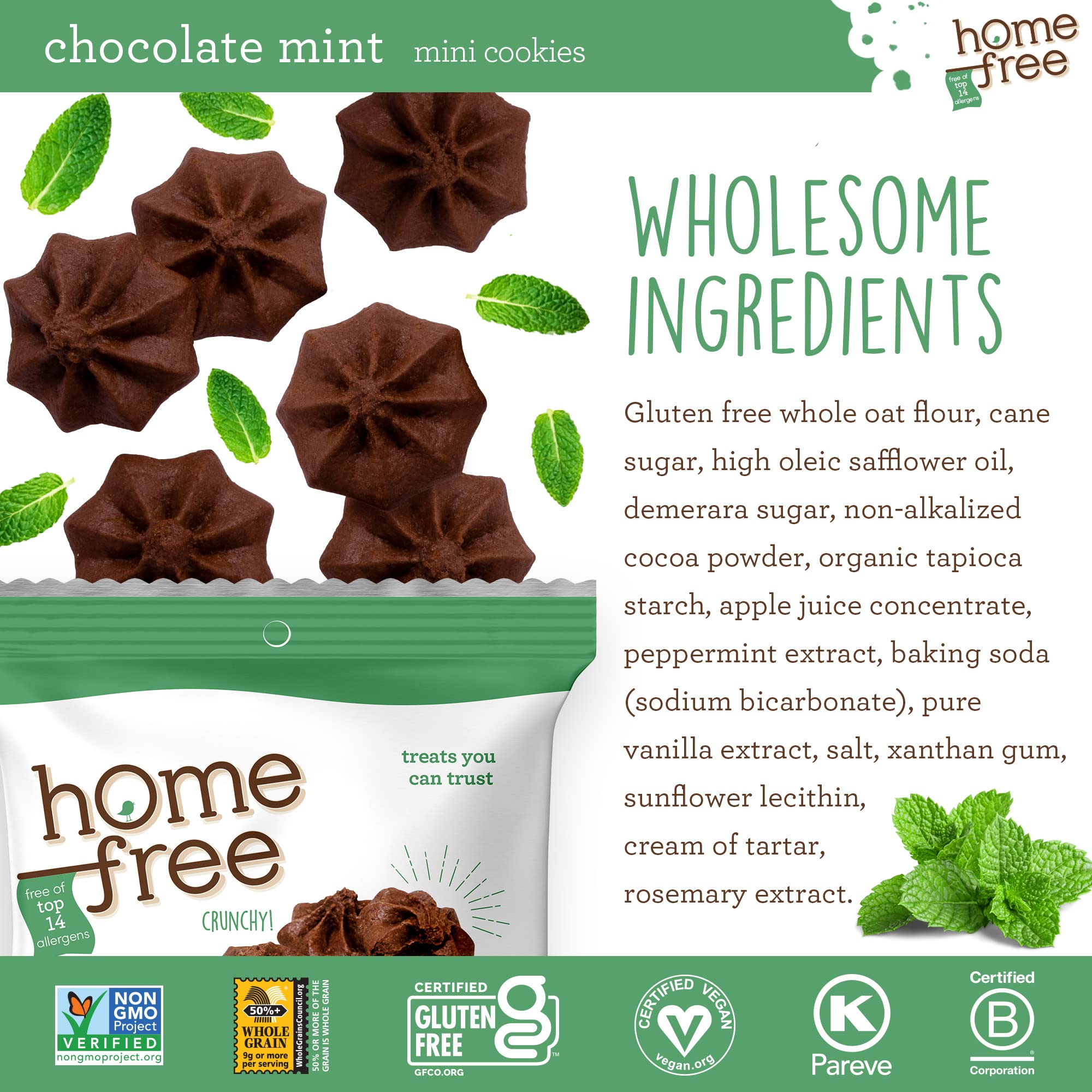 Homefree Chocolate Mint Mini Cookies - Gluten Free, Nut Free, Vegan Snacks - Individually Wrapped 0.95 oz Packs (64 Count) - Perfect for School Lunches, Allergy-Friendly Treats & On-the-Go Healthy Snacking