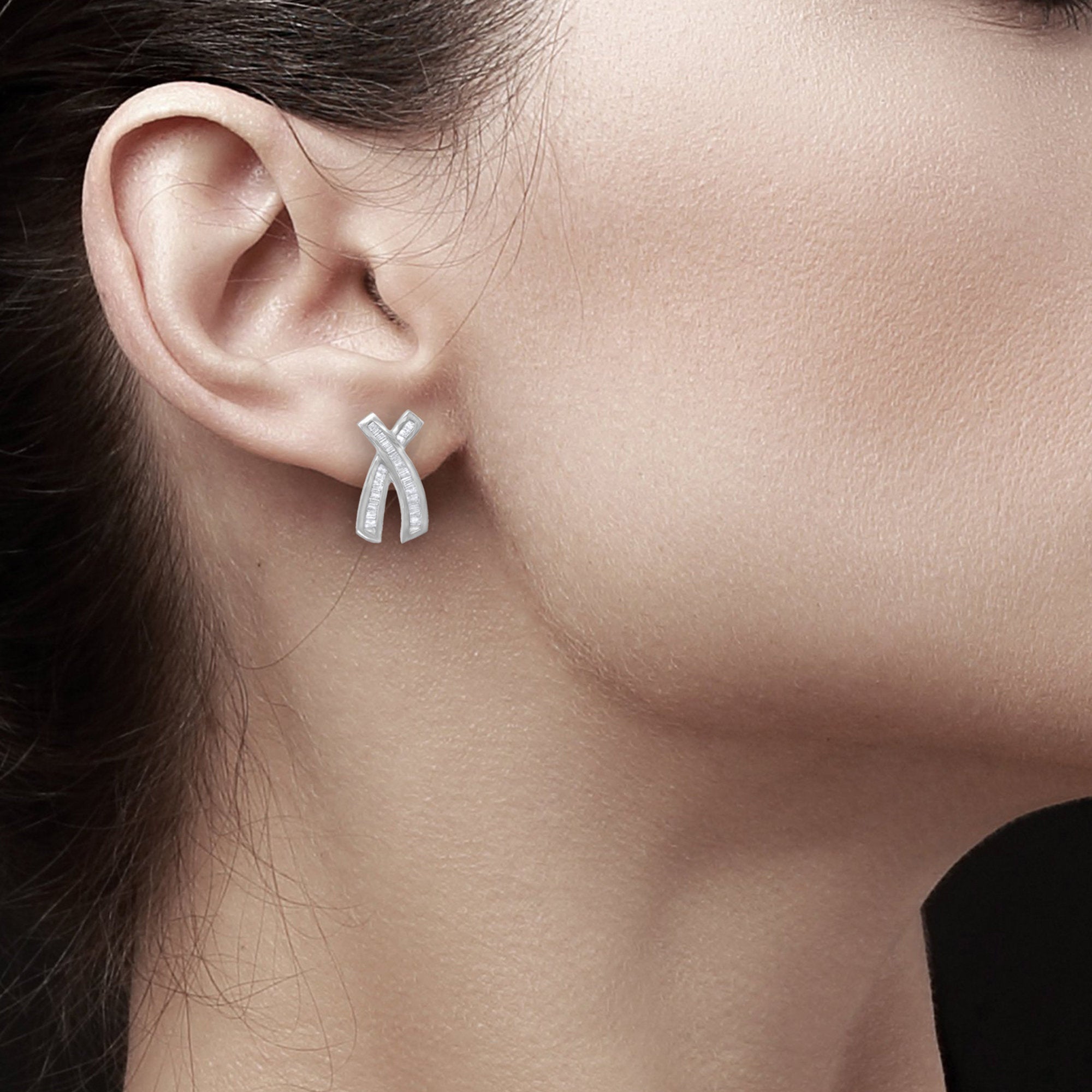 1.10cttw Baguette Diamond X Earrings in 14k White Gold - Elegant & Timeless Jewelry for Weddings, Parties & Special Occasions