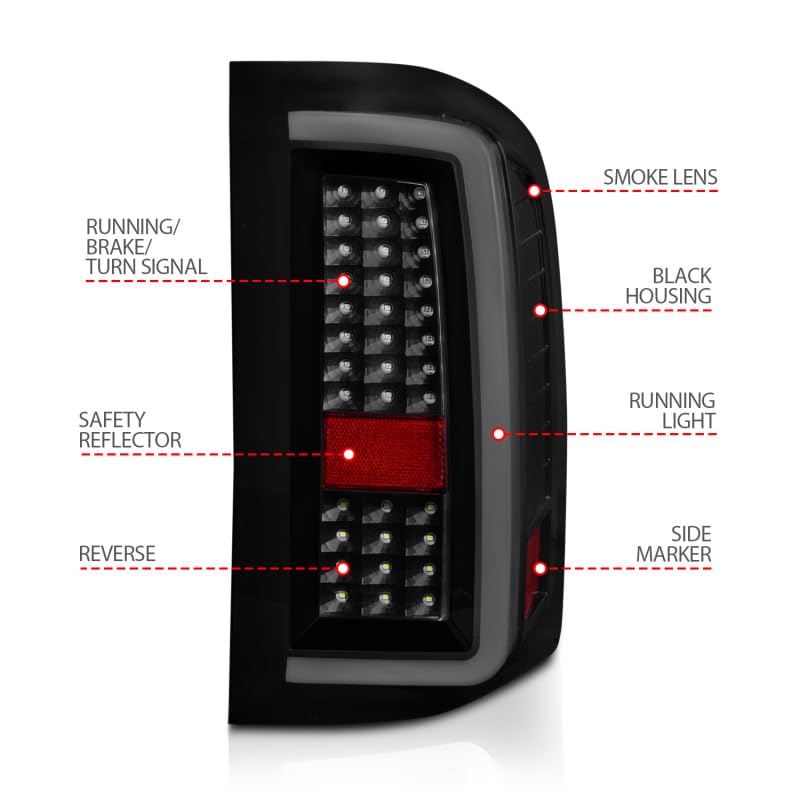 ANZO 2007-2013 Chevrolet Silverado 1500/2500/3500 LED Tail Lights with Light Bar - Black Smoke Housing - Upgrade for Enhanced Visibility & Style - Perfect for Night Driving & Custom Truck Builds