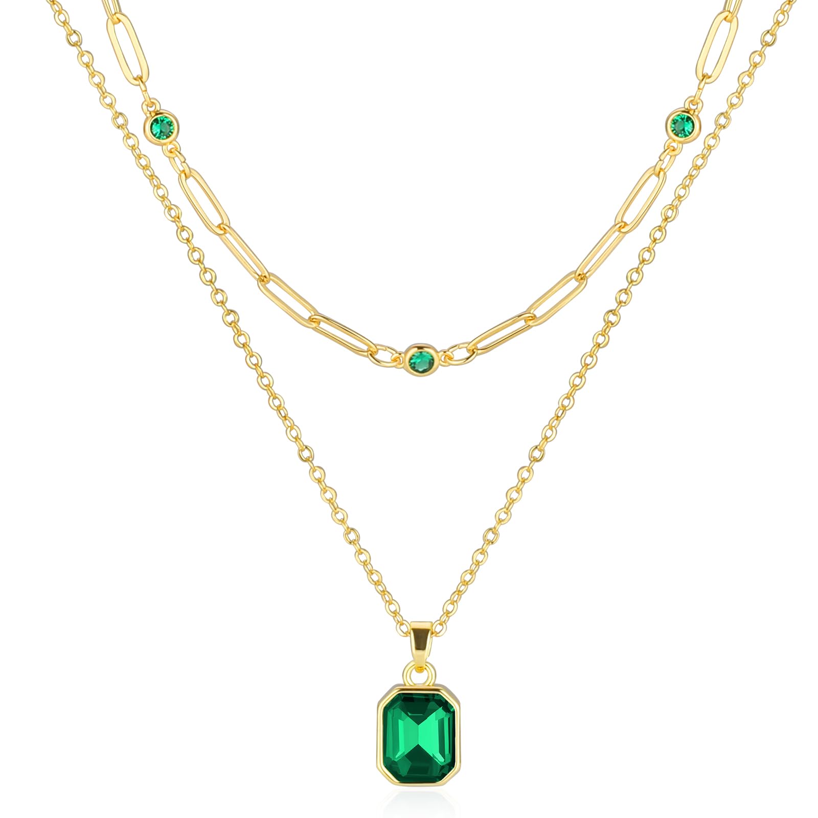 18K Gold Plated Crystal Paperclip Choker Necklace for Women - Emerald Green Layered Jewelry Gift for Her, Perfect for Date Night, Parties & Special Occasions