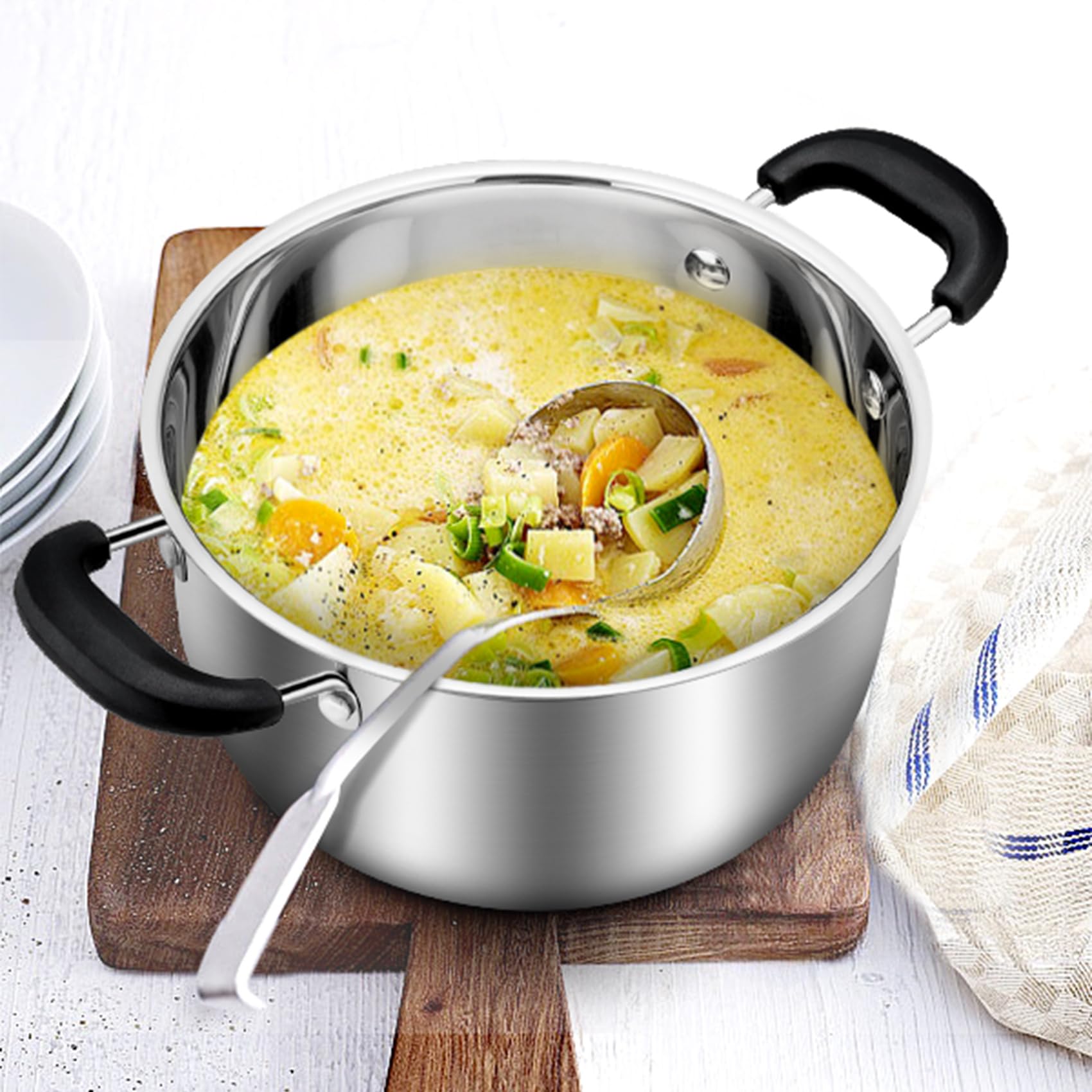 **TeamFar 6 Quart Stainless Steel Stock Pot with Lid – Pasta & Soup Cooking Pot, Double Bakelite Heat-Resistant Handles, Tempered Glass Lid – Dishwasher Safe, Non-Toxic, Easy Clean – Perfect for Home Cooking, Meal Prep & Large Gatherings**