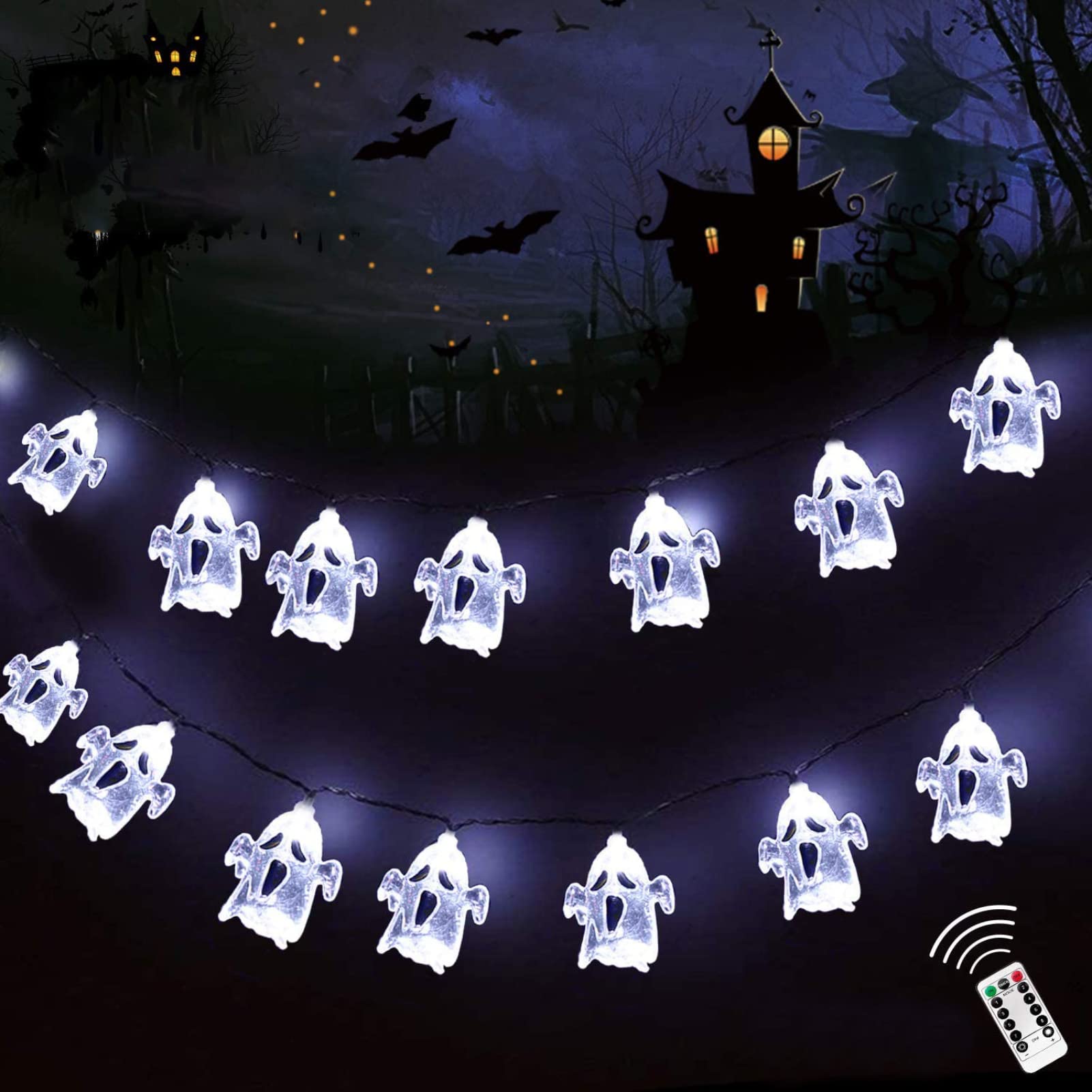 SINAMER 2023 Upgraded 3D Waterproof Halloween Ghost String Lights - 30 LED Battery Operated Fairy Lights with 20ft Length - 8 Dimmable Modes & Remote Control + Timer - Perfect for Halloween Decor, Party, Garden, Yard, and Indoor Outdoor Decorations