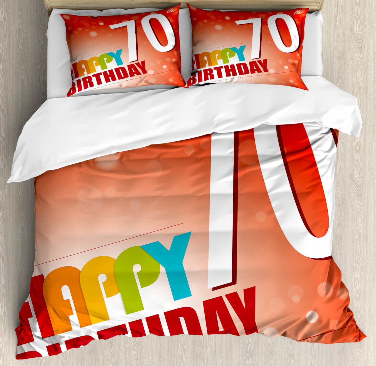 Ambesonne 70th Birthday Duvet Cover Set - Vibrant Abstract Party Design with Happy Birthday Slogan, 2-Piece Queen Size Bedding Set Includes 2 Duvet Covers & 4 Pillowcases in Red & Orange - Perfect for Birthday Celebrations, Guest Rooms & Special Occasions