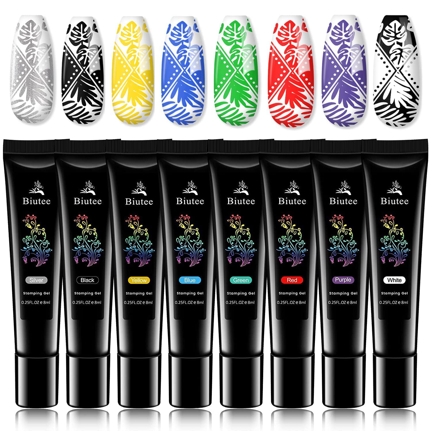 8 Colors UV Nail Stamping Gel Polish Set - Red Black White Purple Blue Silver Soak Off Printed Polish for Nail Stamp Plate & Stamper | DIY Nail Art Design Kit for Salon, Home Manicure & Professional Nail Artists