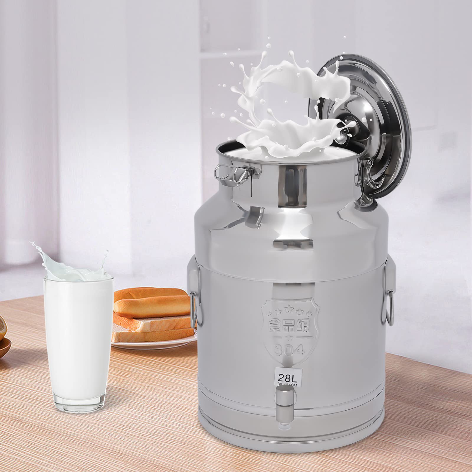 Eapmic 28L (7.4 Gallon) Stainless Steel Milk Can - Food Grade Wine & Milk Storage Bucket with Airtight Lid - Heavy Duty Dairy & Beverage Container for Home Brewing, Farm Use & Commercial Kitchens