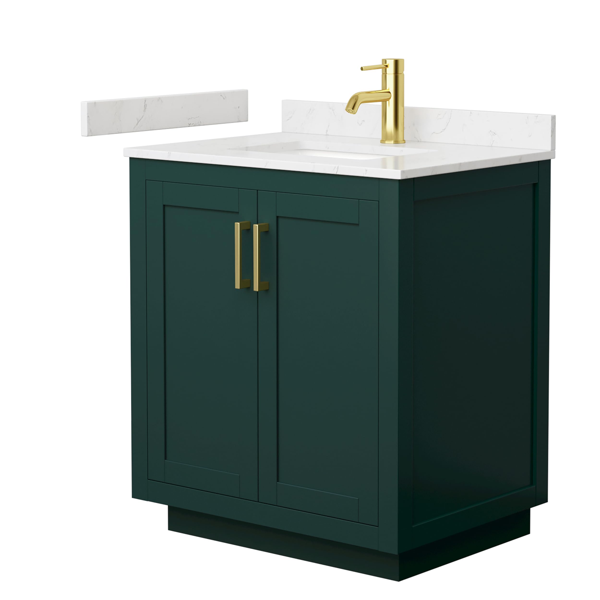 Wyndham Collection Miranda 30 Inch Single Bathroom Vanity with Light-Vein Carrara Cultured Marble Countertop & Undermount Sink - Brushed Gold Trim - Green Bathroom Vanity Set for Modern Home Decor
