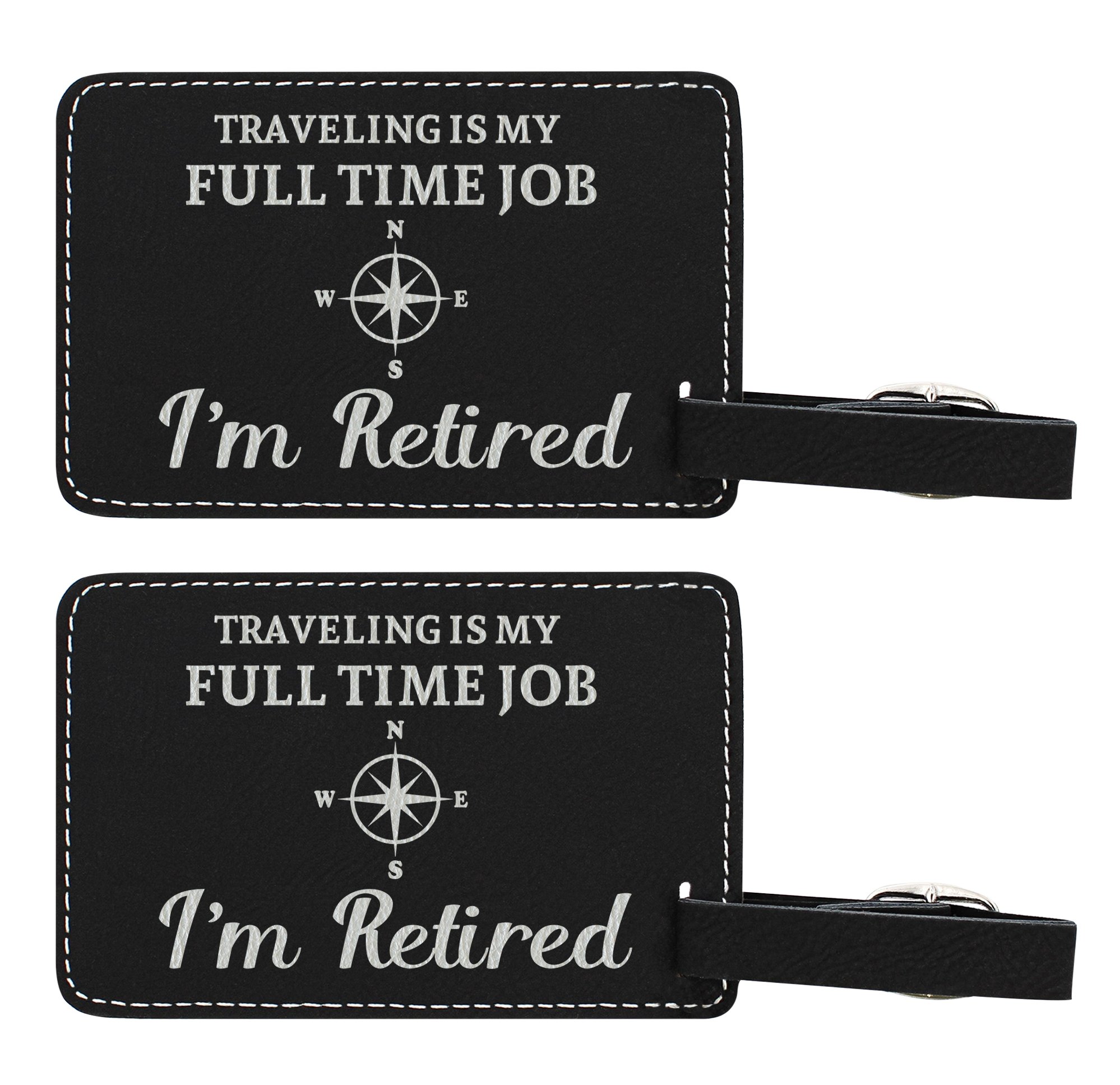 Retirement Gifts for Women - 2-Pack Leatherette Luggage Tags (Black) - Perfect for Travel Lovers & New Retirees - 'My Full Time Job I'm Retired' Funny Travel Accessories - Great for Retirement Parties & Vacation Trips