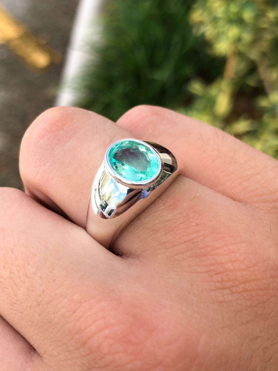 1.85 Carat Genuine Emerald Men's Solitaire Oval Signet Ring in Sterling Silver Bezel Setting - Perfect for Weddings, Engagements & Special Occasions
