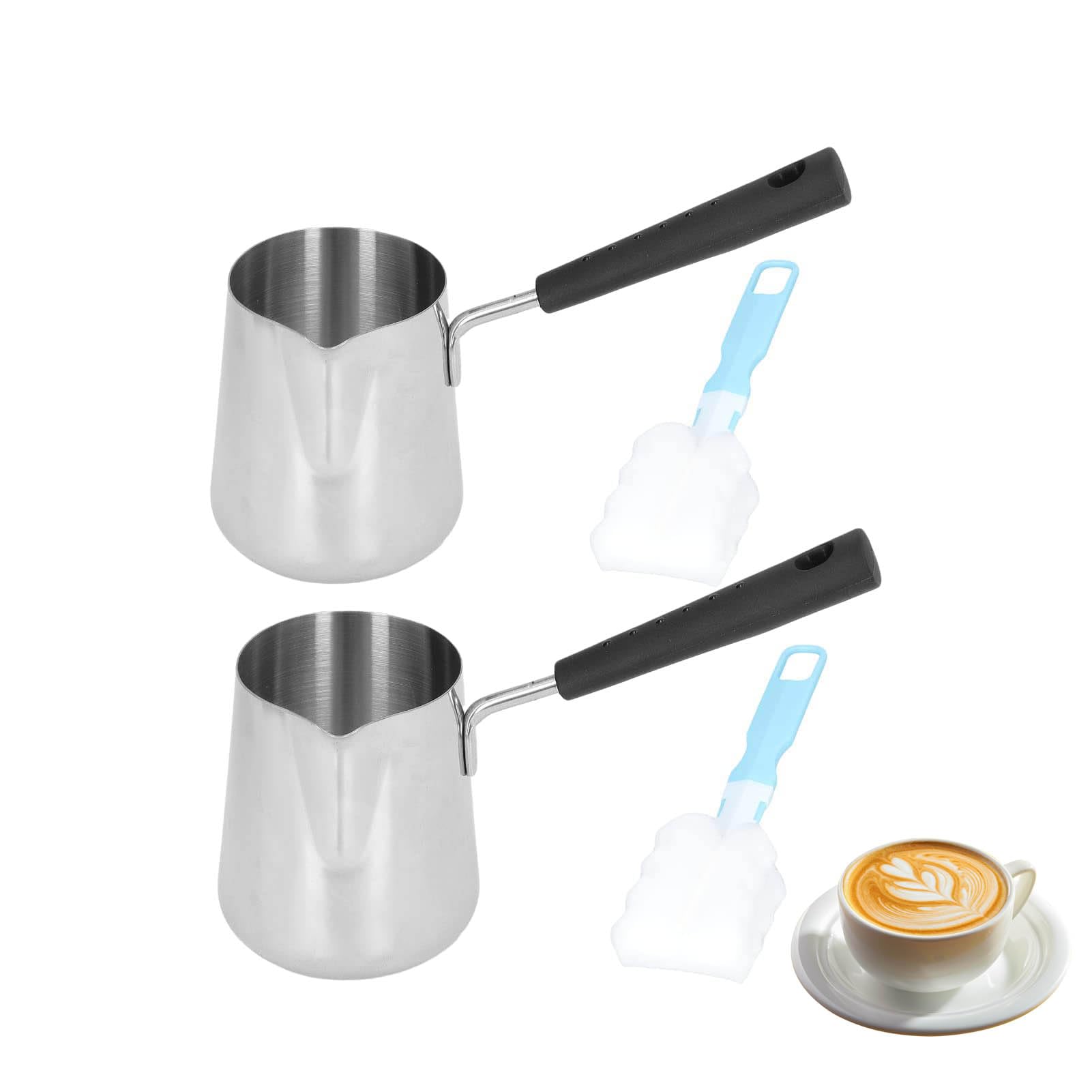2pcs Stainless Steel Milk Butter Warmer Pot - 350ml/12oz Turkish Coffee Pot with Spout for Maple Syrup, Sauce Heating & Milk Boiling - Perfect for Kitchen, Camping & Coffee Shops