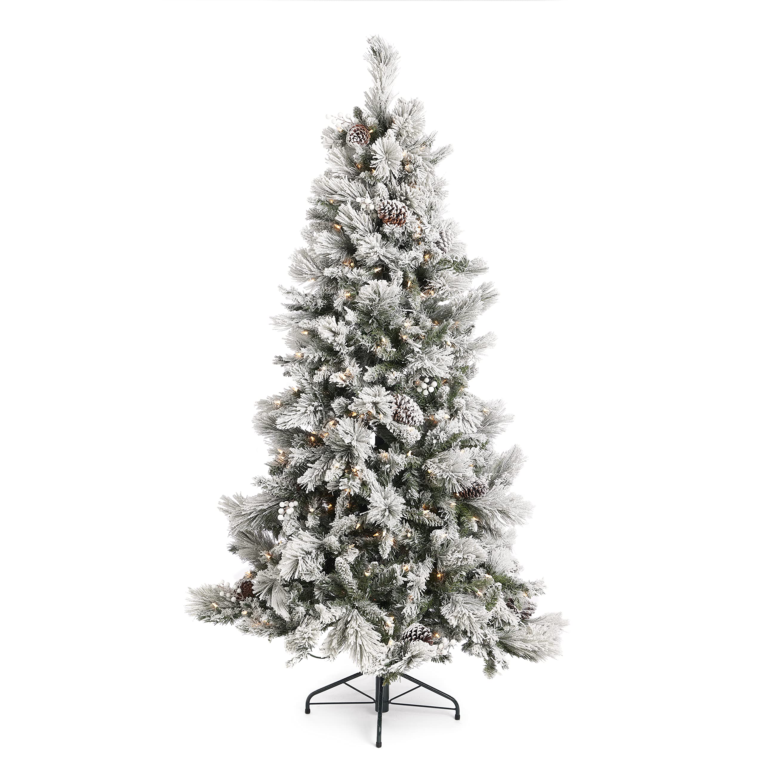 6.5ft Pre-Lit Flocked Artificial Christmas Tree with 500 LED Lights, Pinecones & Berries - Home Heritage Snowdrift Pine Holiday Decor with Stand | Perfect for Living Room, Office & Christmas Party Decoration