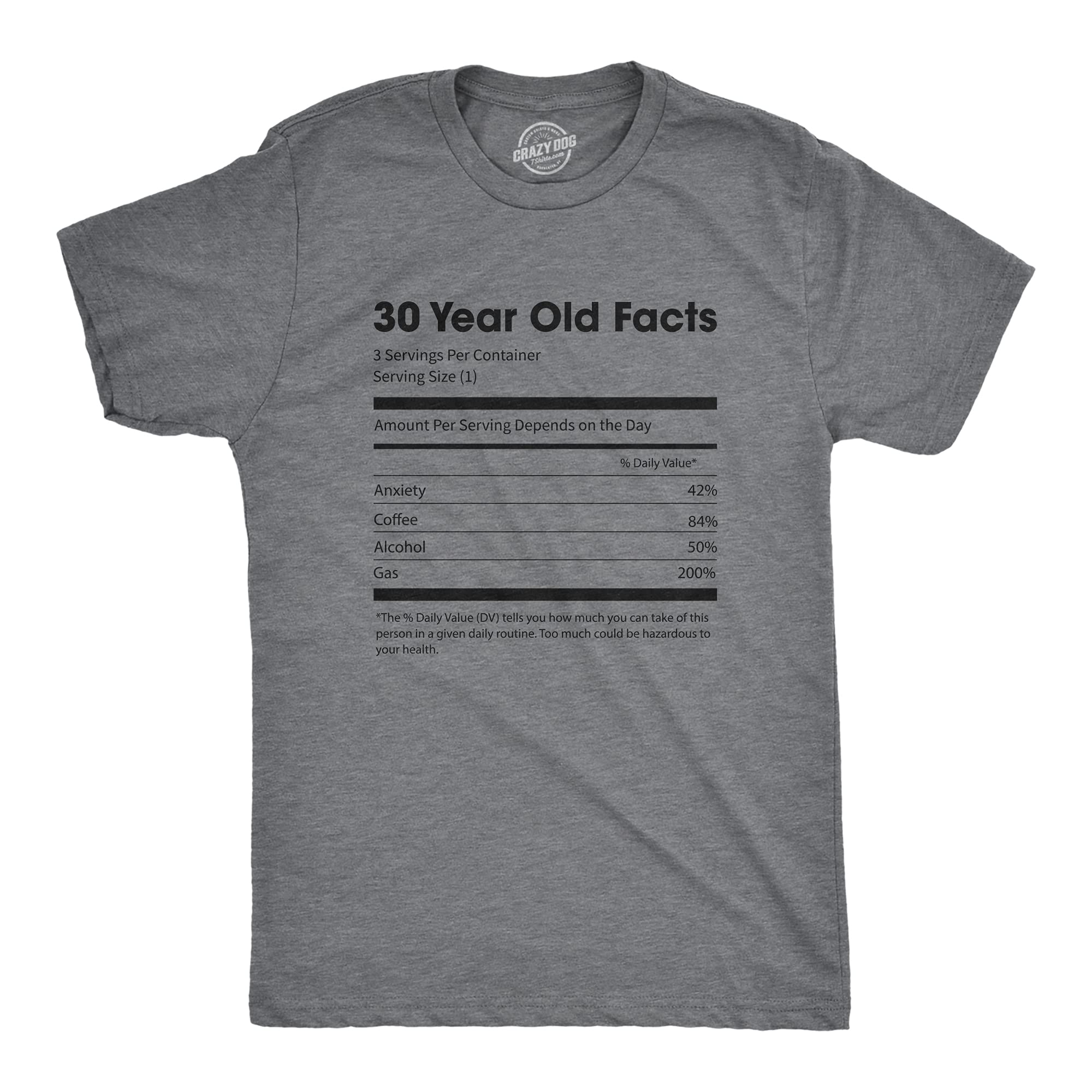 Funny 30 Year Old Nutrition Facts T-Shirt for Men | Crazy Dog Mens Humor Tee | Perfect for Birthdays, Coffee & Alcohol Lovers (Great Gift Idea for 30th Birthday Parties)