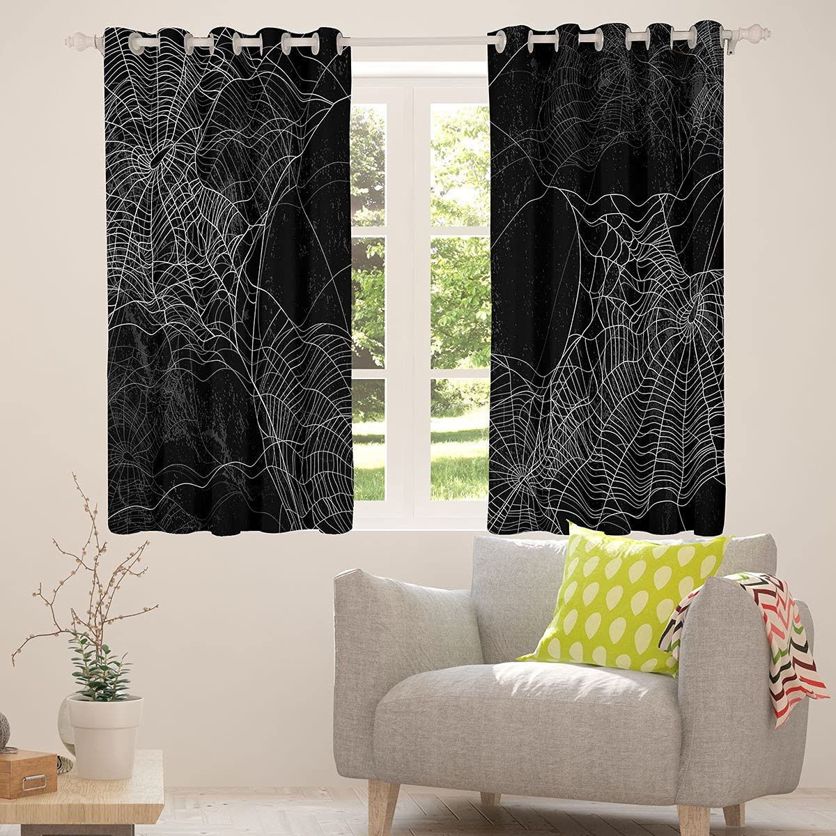 Spider Web Blackout Curtains for Halloween - 2 Panels 52x63 Inch, Darkening Window Drapes with Spider Print, Black & White Decor for Bedroom (30-50% Blackout) - Perfect for Halloween Party Decorations, Trick or Treat Window Treatments, and Gothic Home Decor