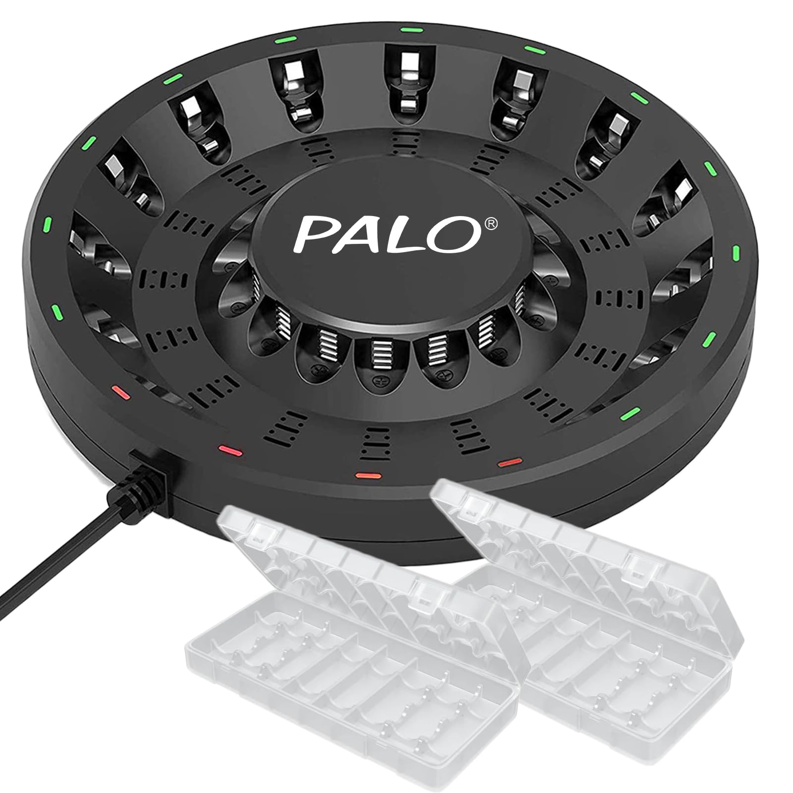 16 Bay AA AAA Battery Charger for NiMH NiCd Rechargeable Batteries - Fast Independent Charging with LED Indicators & AC Adapter (Green/Red) - Perfect for Home, Office, and Emergency Power Supply