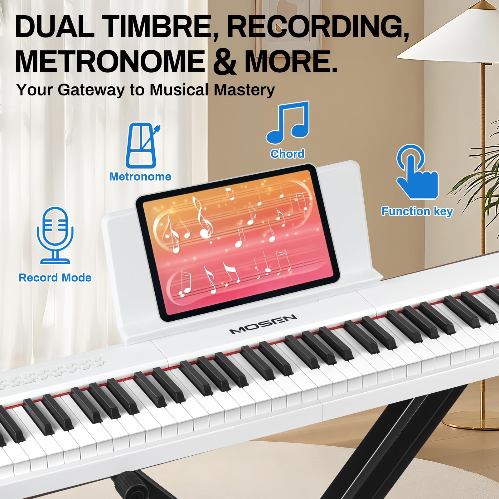 Mosen 88-Key Digital Piano Keyboard with Semi-Weighted Keys - Professional Double Keyboard with LED Display, 380 Tones & 128 Rhythms - Includes 88 Demo Songs, Piano Lessons, Stand & Sustain Pedal (MSP-45WH, White) - Perfect for Home Practice, Music Studios & Live Performances