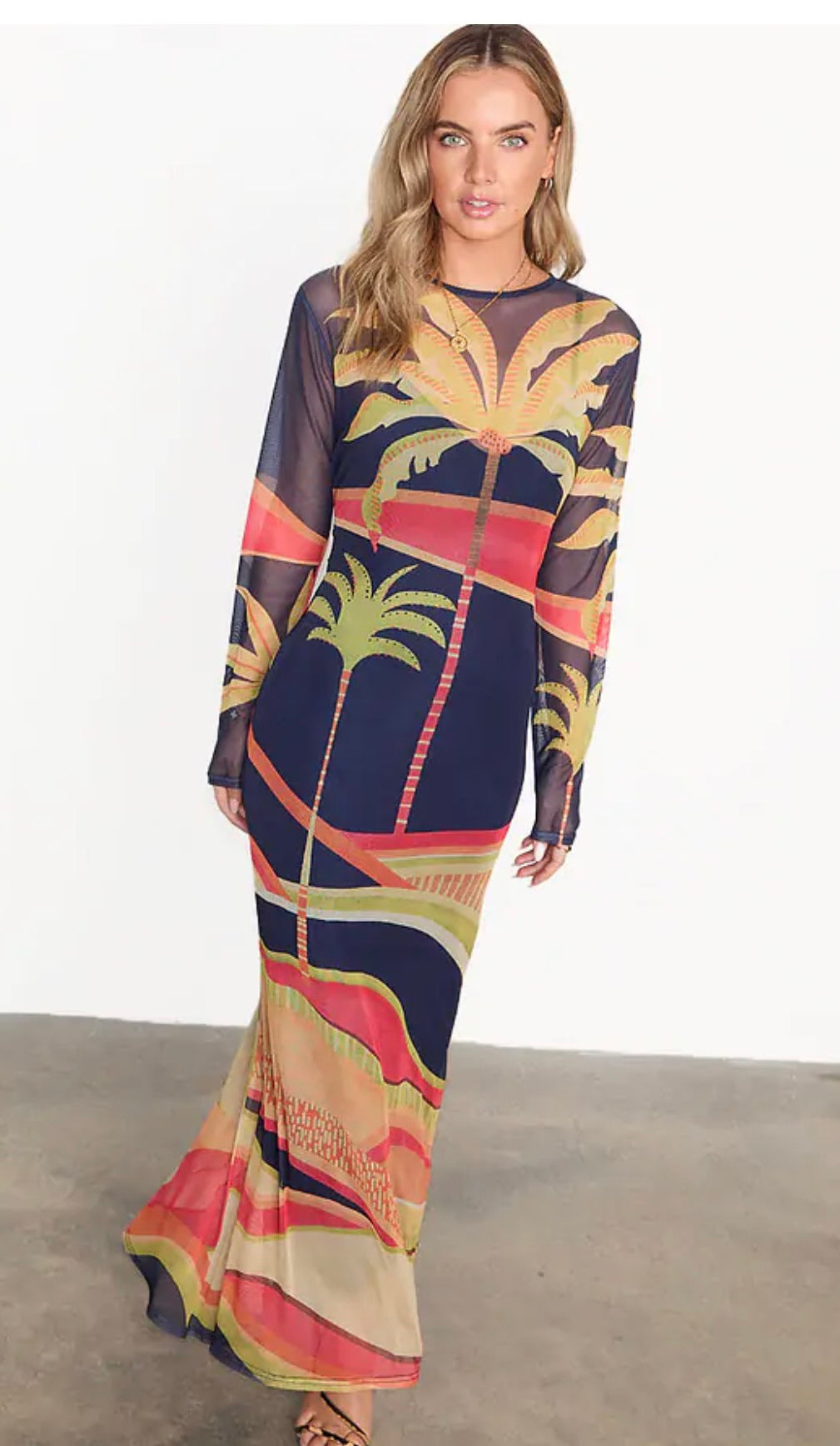 Blue Palm Mesh Dress for Women - Navy & Multi Color Summer Beach Cover Up, Boho Chic Maxi Dress for Vacation, Pool Party, and Casual Outings