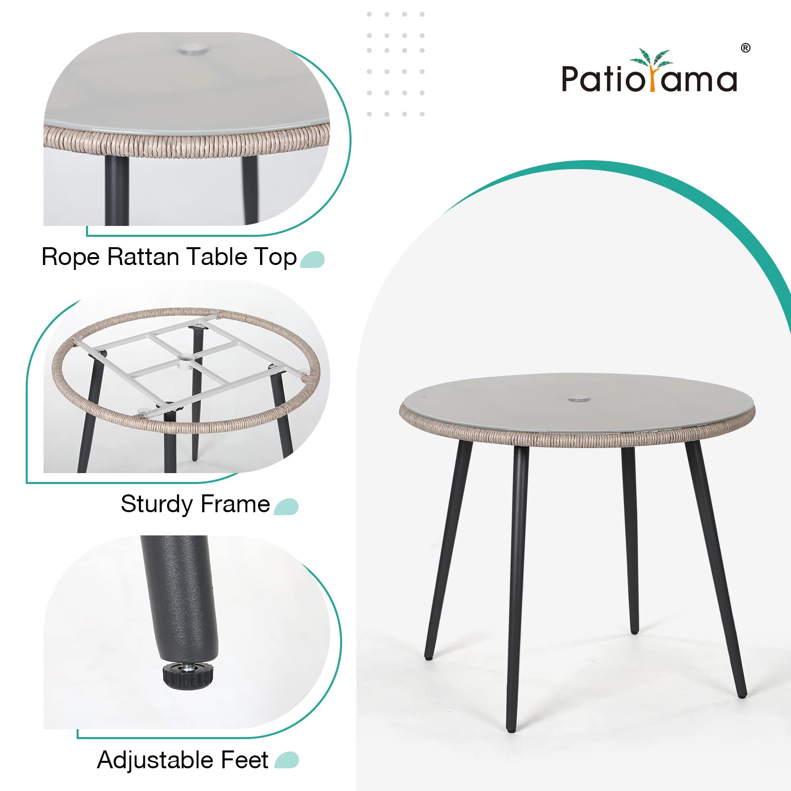 35'' Round Patio Dining Table - All-Weather Rattan Wicker with Tempered Glass Top & Umbrella Hole - Outdoor Coffee Table for Garden, Poolside, Backyard, Restaurant (Tan) | Perfect for Al Fresco Dining, Pool Parties & Outdoor Entertaining