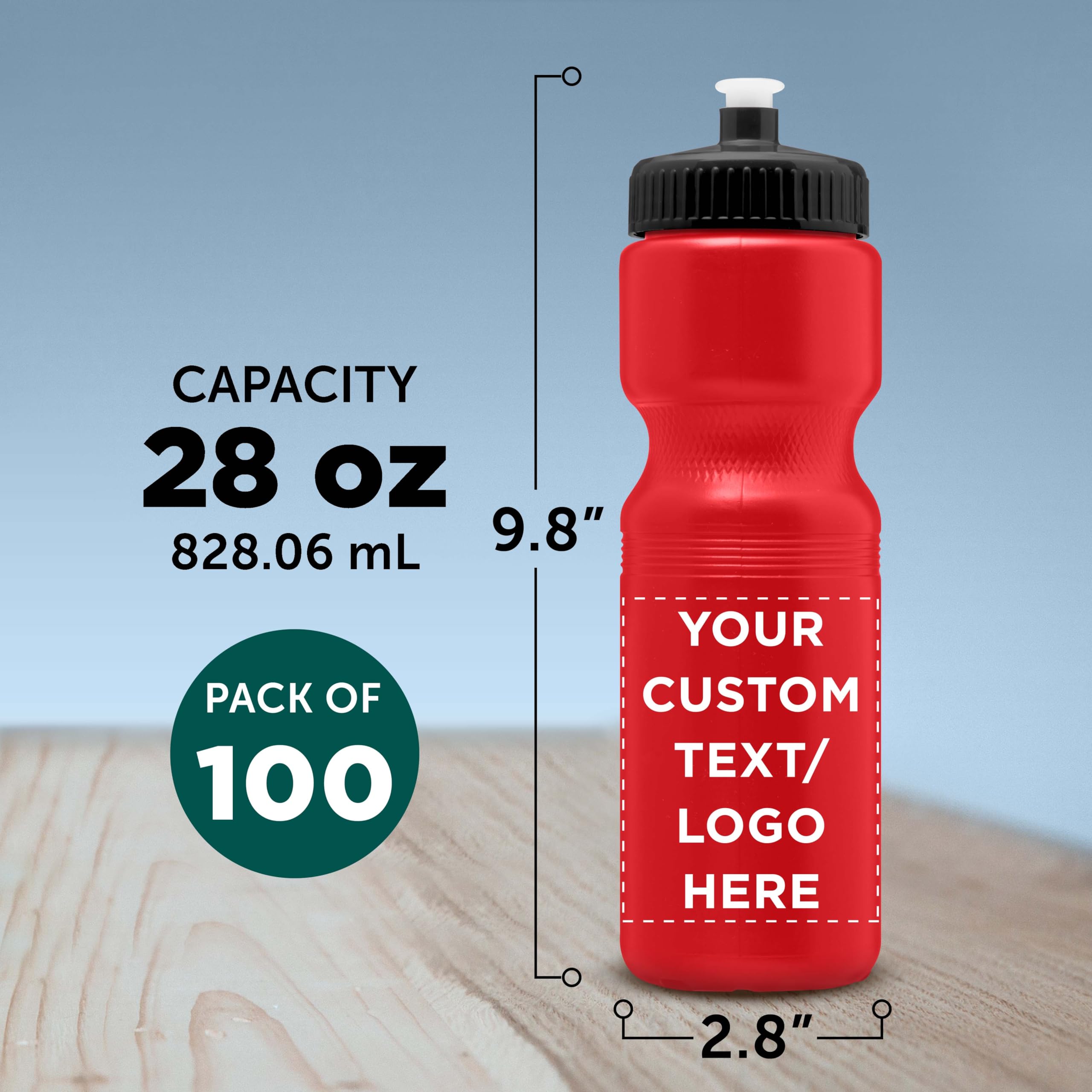 28 oz Custom Push Cap Plastic Water Bottles Bulk Pack of 100 - Personalized Reusable Water Bottles for Gym, Hiking, Camping & Outdoor Sports - Ideal for Team Events, Corporate Gifts & Promotional Giveaways - Red