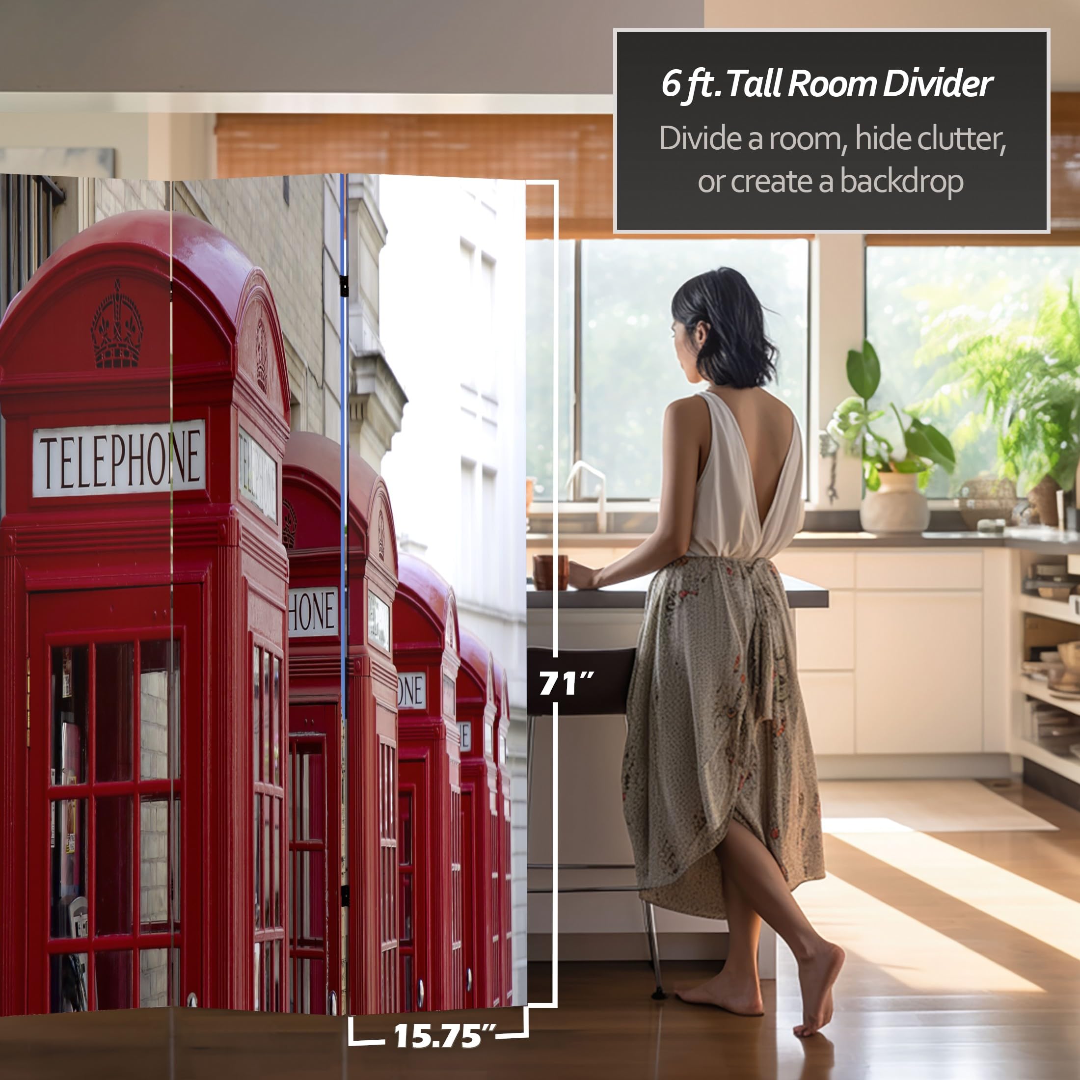 6 ft Tall Double Sided Red Lantern London Room Divider - Big Ben & Phone Booths Design | 71 Inch Height, 3 Panel Wide | Perfect for Home Decor, Office Partition & Themed Events