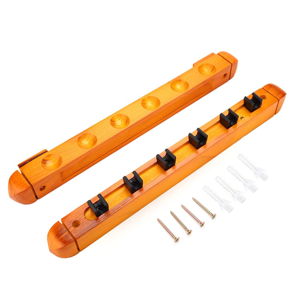 Wood Wall-Mounted Billiards Cue Rack with 6 Plastic Clips - Pool Stick Holder Organizer for Home, Game Room, Bar, and Billiard Club
