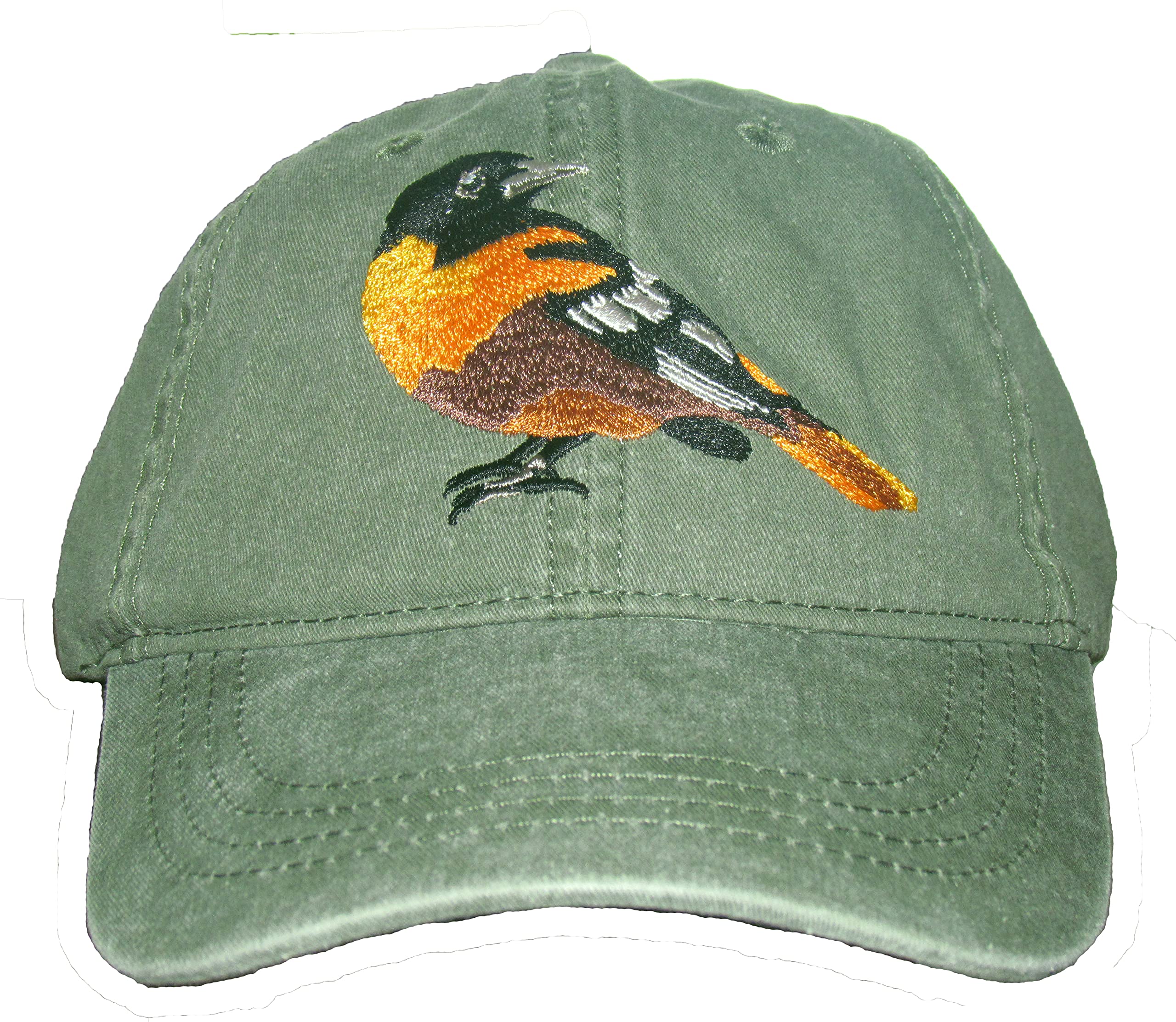Tom's Bird Feeders Oriole Embroidered Cotton Cap - Adjustable Green Baseball Hat for Bird Watching & Outdoor Activities (Size 7 1/2) - Perfect for Bird Enthusiasts, Gardeners & Nature Lovers