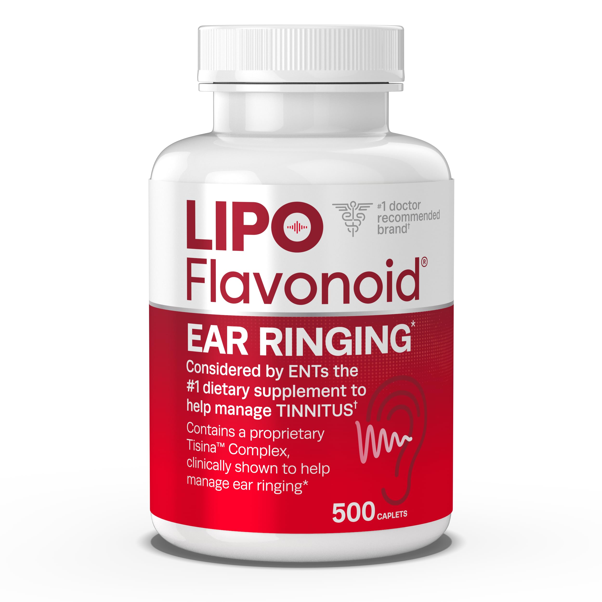 Lipo-Flavonoid Plus Tinnitus Relief Supplement - 500 Caplets with Vitamin C for Ringing Ears | Clinically Proven & Doctor Recommended OTC Ear Health Vitamins | Supports Hearing Wellness for Musicians, Seniors & Noise Exposure