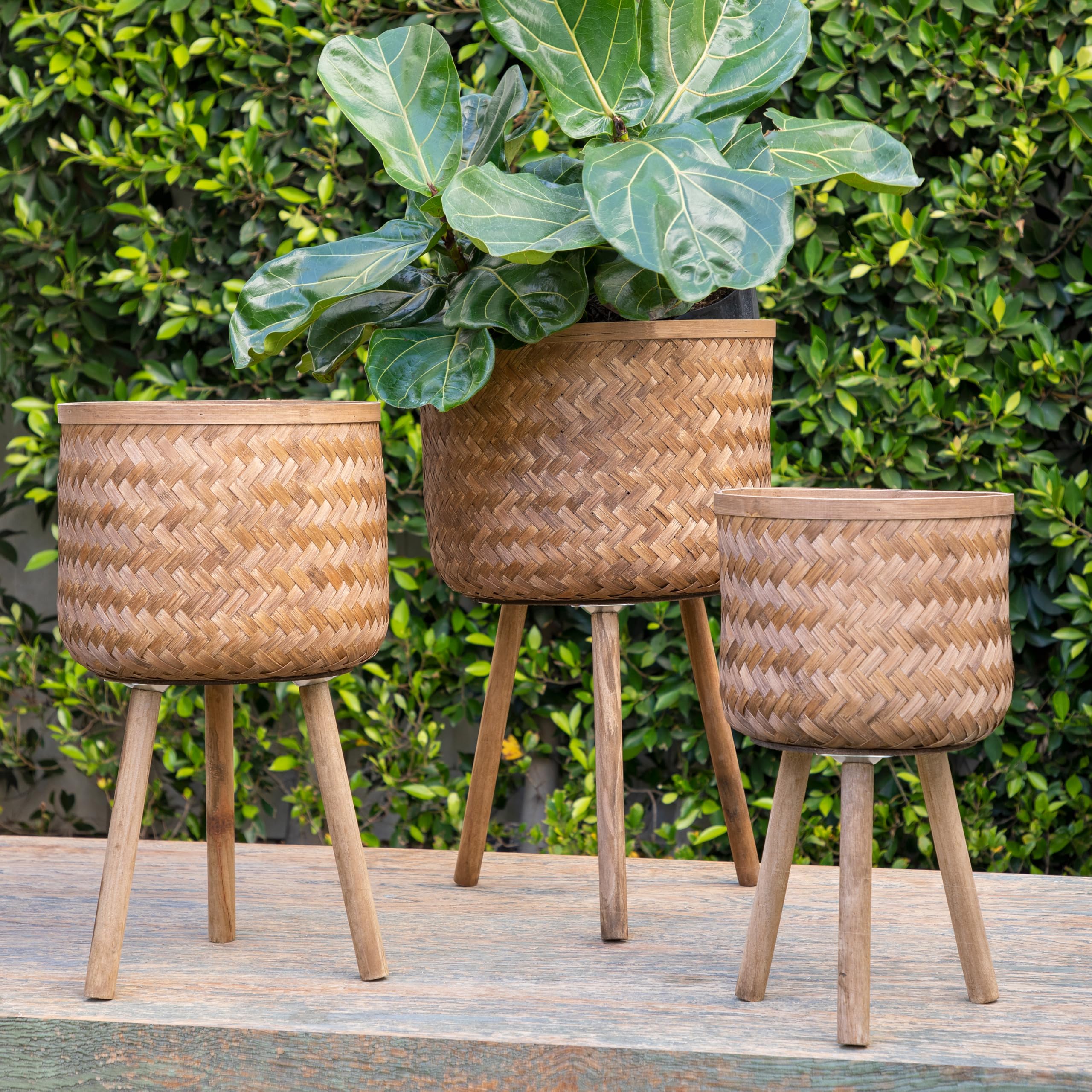 Sagebrook Home Set of 3 Wooden Planters with Stands – Natural Bamboo & Pine Plant Pots, Handwoven Brown Design for Indoor & Outdoor Decor, 22