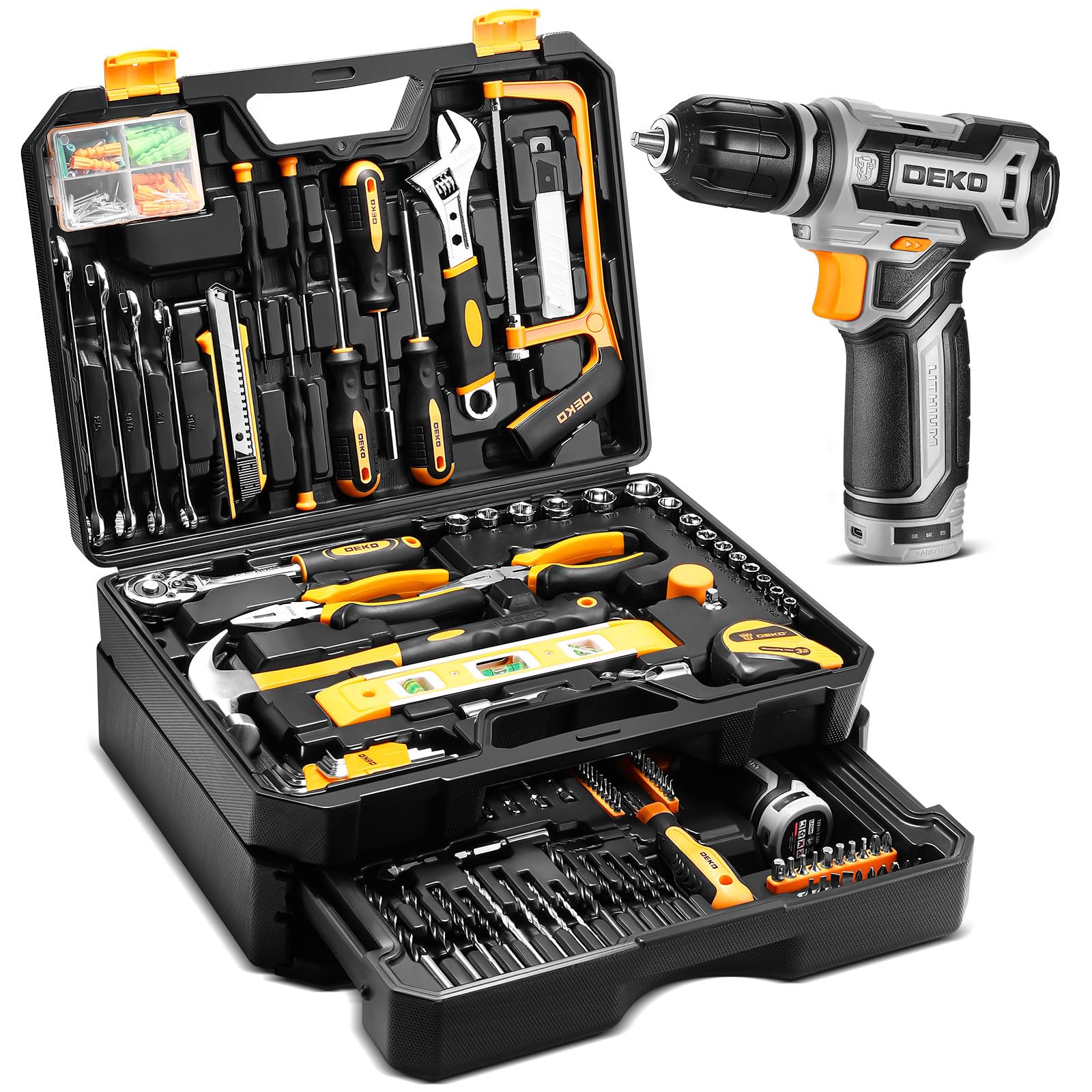 DEKOPRO 12V Cordless Drill & Mechanic Tool Kit Set - 120-Piece Home Repair Toolbox with Storage Case & Organizer Drawers | Perfect for DIY Projects, Car Maintenance & Household Fixes