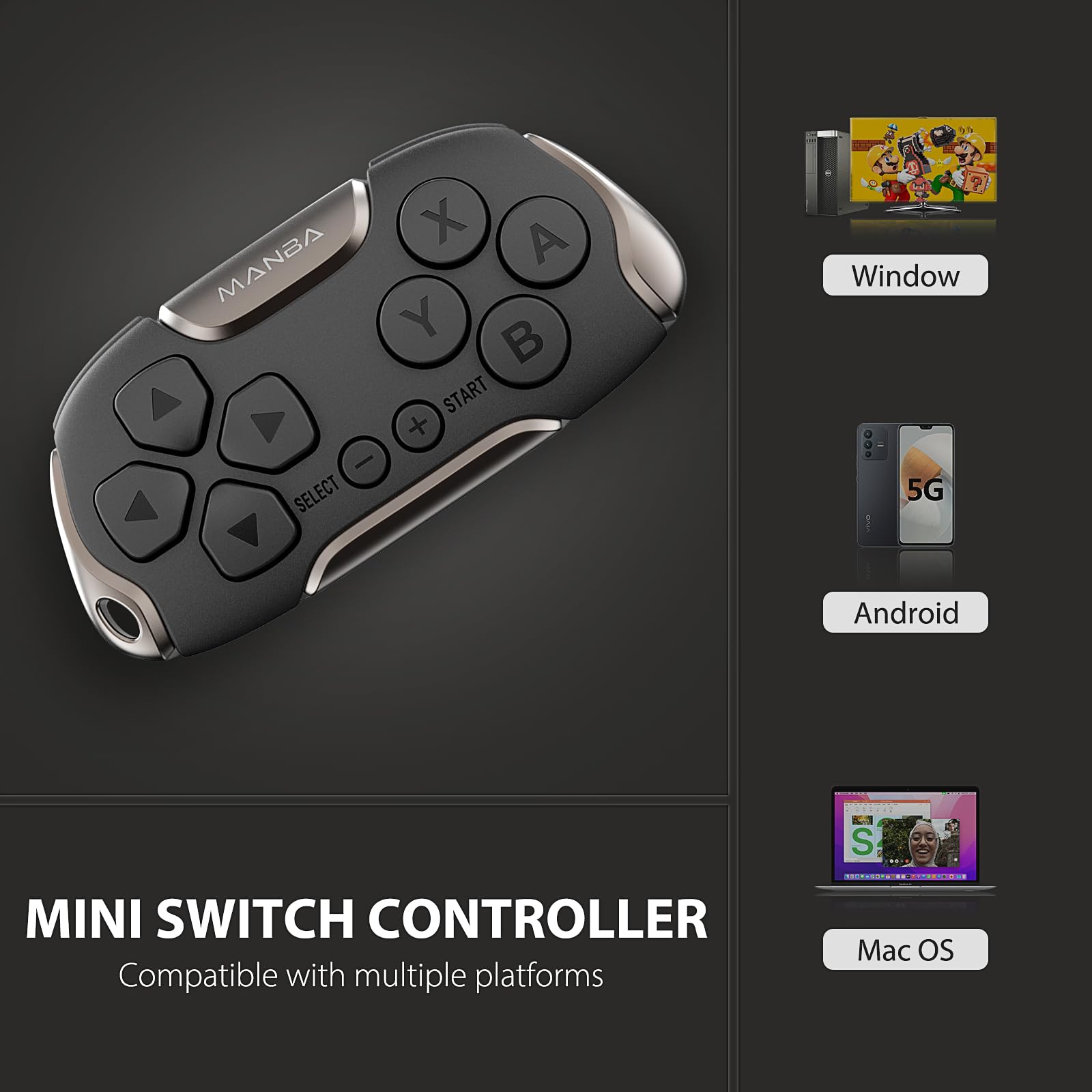 Manba Mini Wireless Controller for Switch/OLED, Windows, MacOS, Android - Compact Design with Cable & Strap, Perfect for Classic Gaming & On-the-Go Play