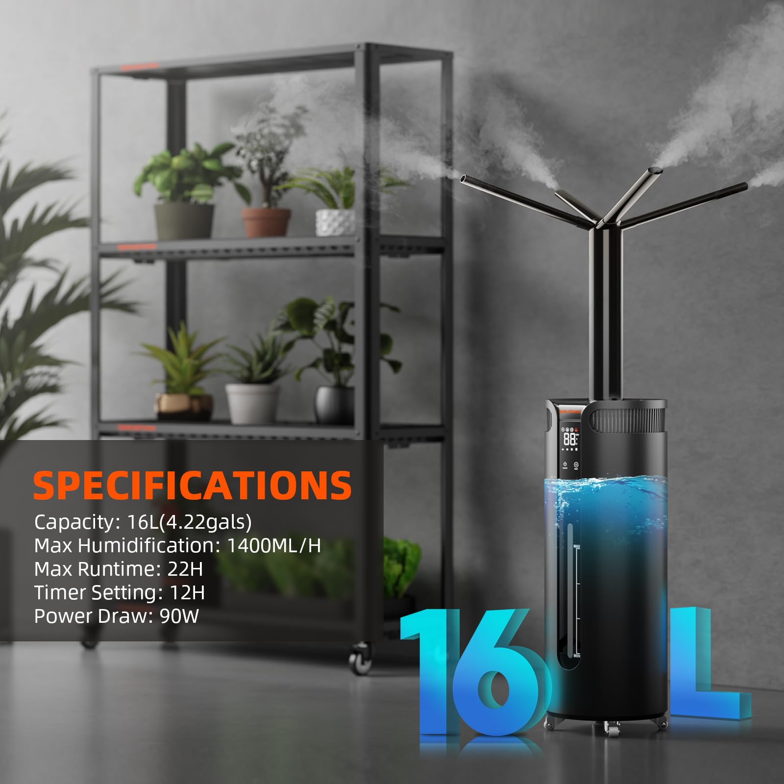 Spider Farmer 16L Large Room Cool Mist Humidifier with Humidistat & Timer - Ultrasonic Top Fill Plant Humidifier for Grow Tents, Mushroom Greenhouses, Bedrooms - Perfect for Indoor Gardening, Plant Care & Home Comfort