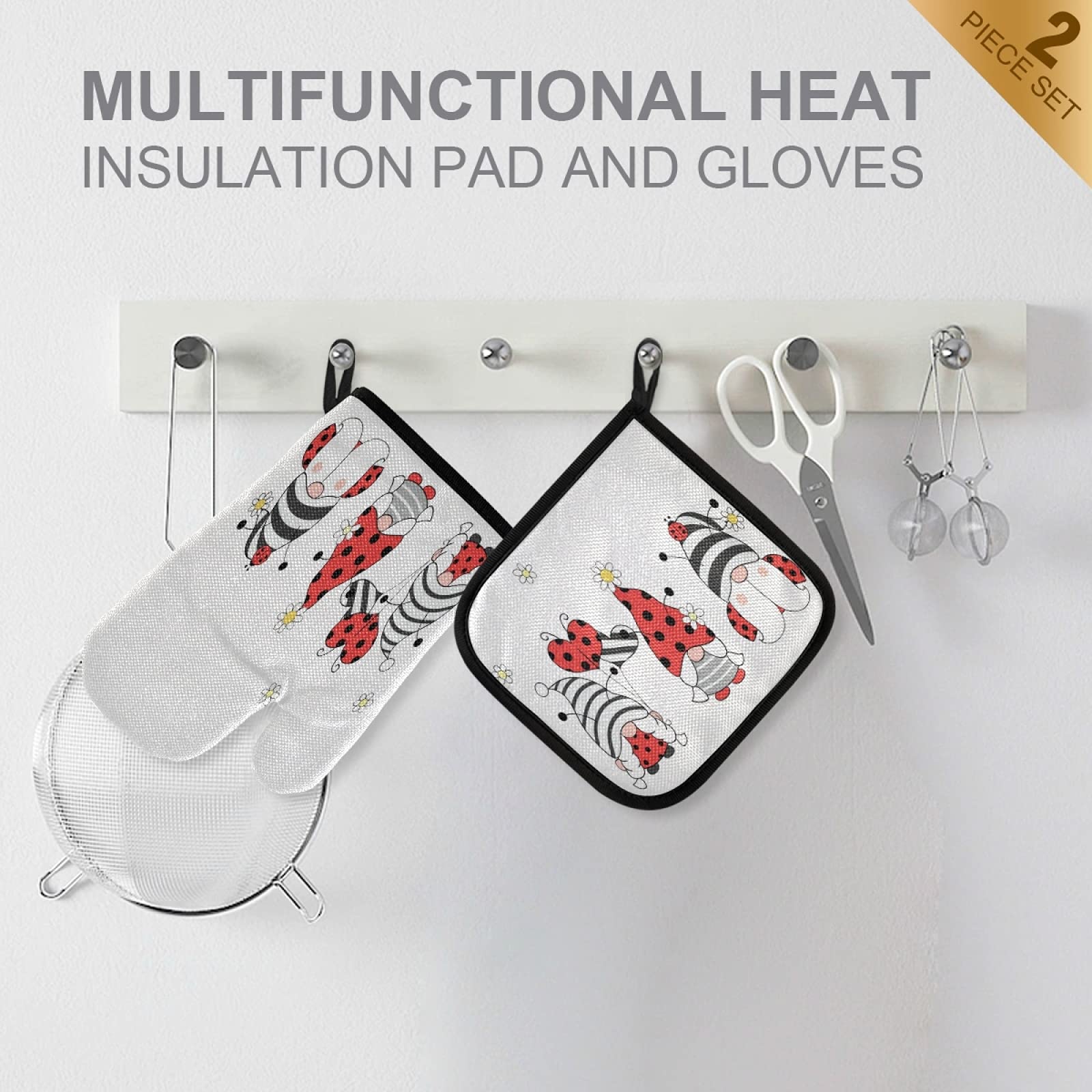 QUGRL Ladybug Gnomes Oven Mitts and Pot Holders Set - Heat Resistant Kitchen Gloves for Baking, Cooking & BBQ - Summer Garden Themed Hot Pads for Safe Cookware Handling