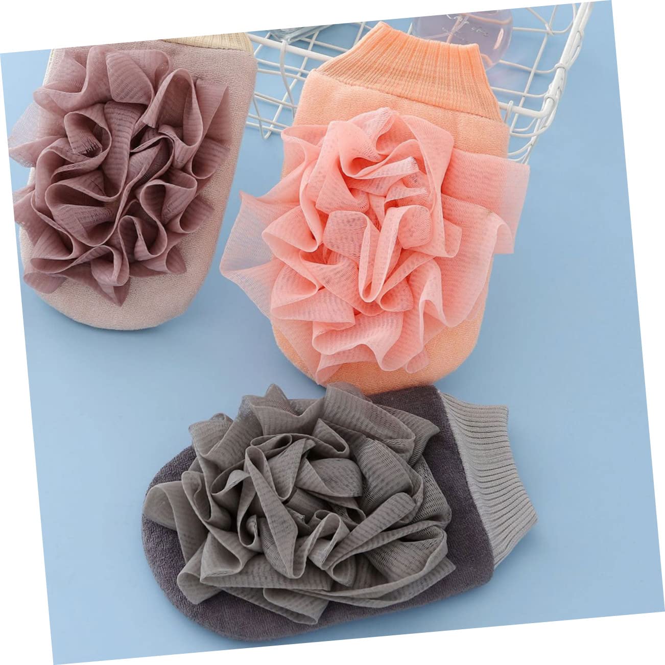 Minkissy Bath Flower Scrub Towel Gloves - 2pcs Exfoliating Mitt Set for Men & Women - Spa Shower Body Wash Gloves for Smooth Skin - Perfect for Home Spa, Bathing, and Exfoliation
