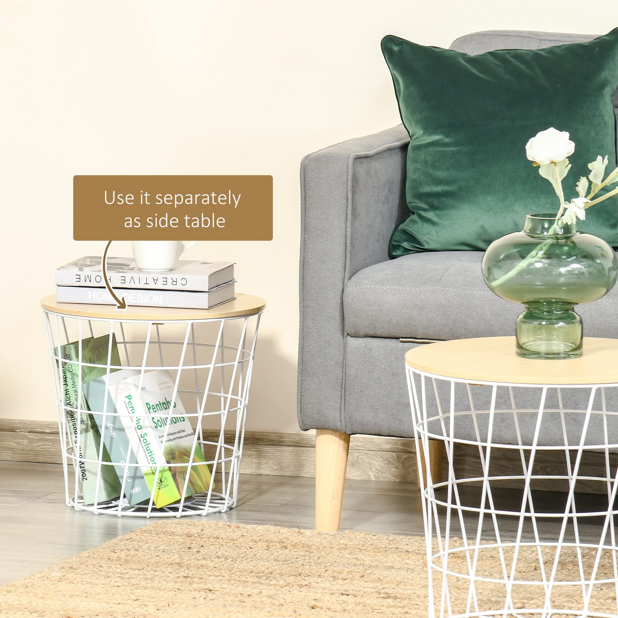 HOMCOM 2-Piece Round Nesting End Tables with Storage, Removable Top Accent Side Tables for Living Room, Bedroom, or Office - White and Natural Finish | Perfect for Small Spaces, Home Decor, and Extra Storage