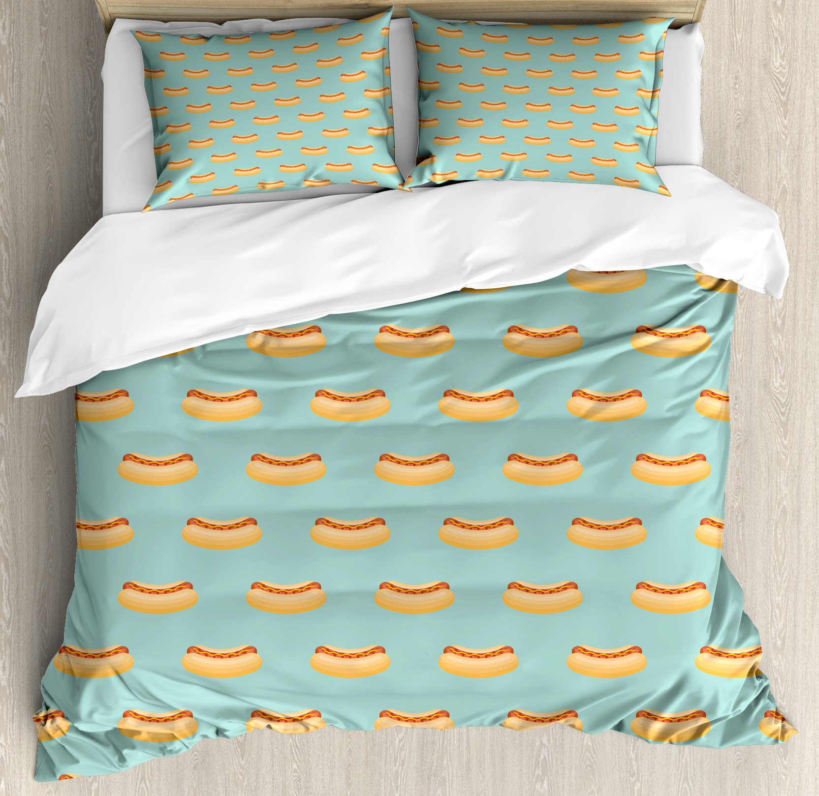 Lunarable BBQ Party Duvet Cover Set - Hotdog with Ketchup & Mustard American Snack Design - 3 Piece Queen Size Bedding Set with 2 Pillow Shams in Orange, Almond & Green - Perfect for Summer BBQs, Picnics & Fun Themed Bedrooms