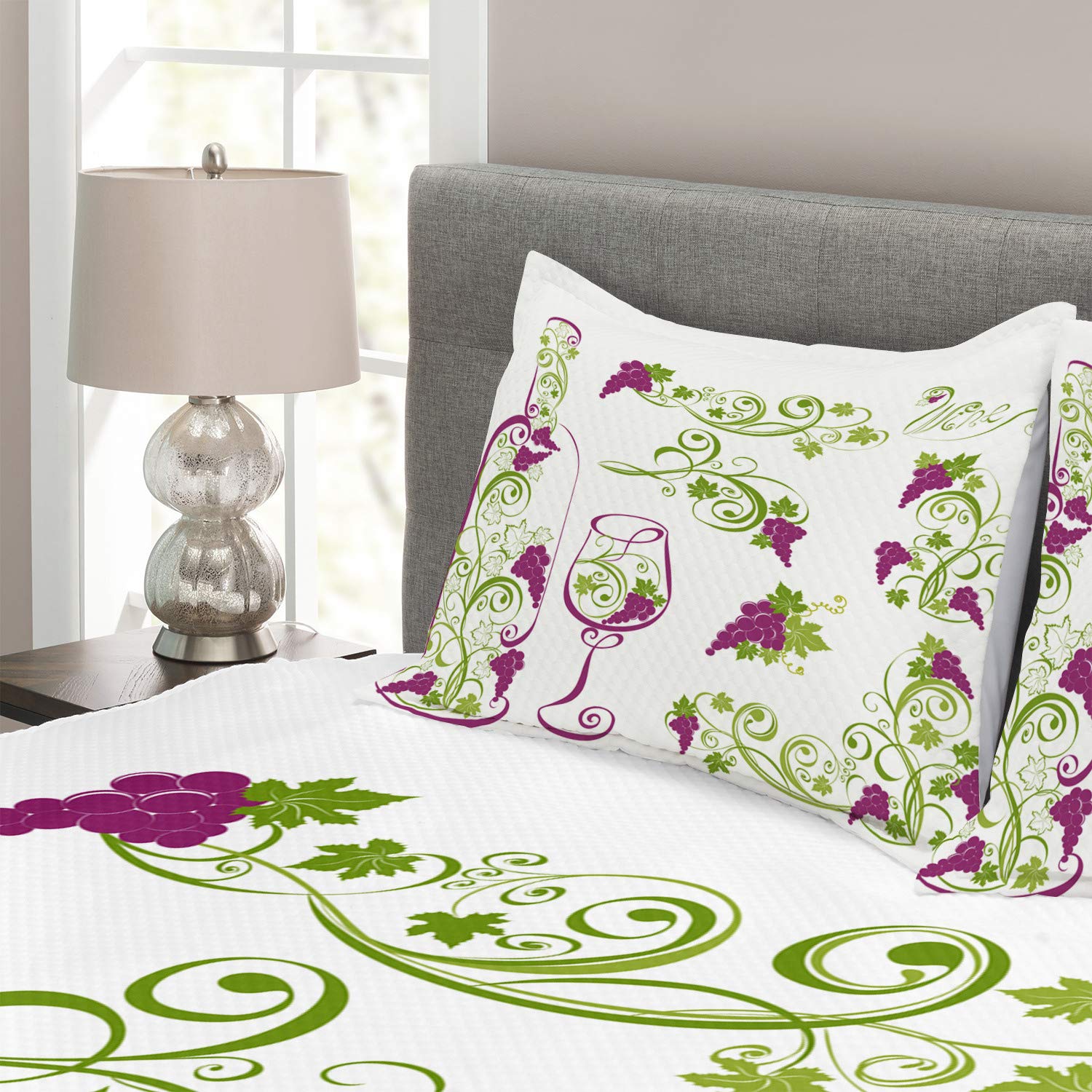 Ambesonne 3-Piece King Size Wine Themed Bedspread Set - Purple, Lime Green & White Grapevines Design with Swirled Branches, Includes Coverlet and 2 Pillow Shams - Perfect for Wine Lovers' Bedroom Decor, Vineyard Weddings, and Themed Guest Rooms