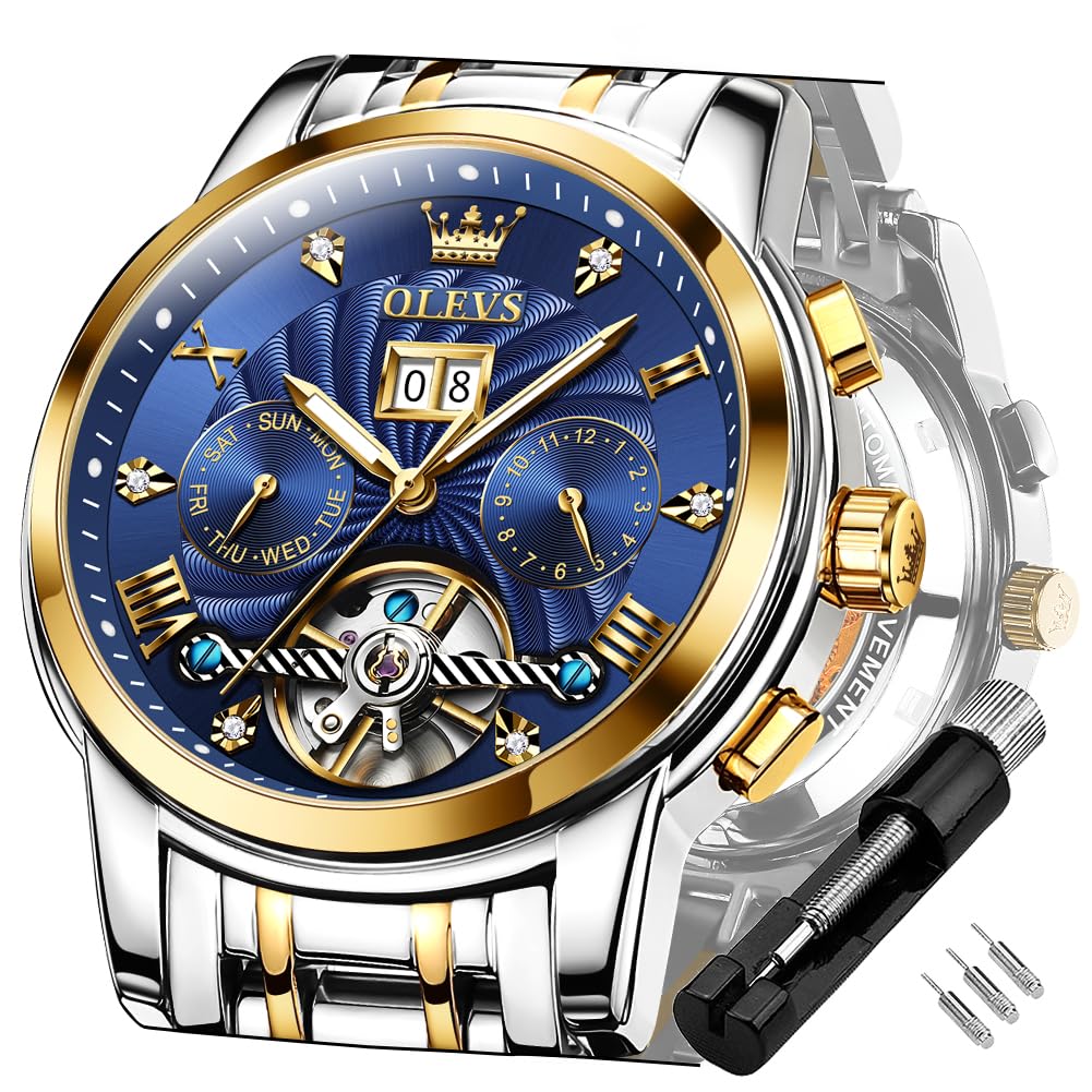 OLEVS Men's Automatic Self-Winding Tourbillon Watch - Luxury Stainless Steel Dress Watch with Luminous Hands & Waterproof Design - Perfect for Business, Formal Events & Everyday Wear