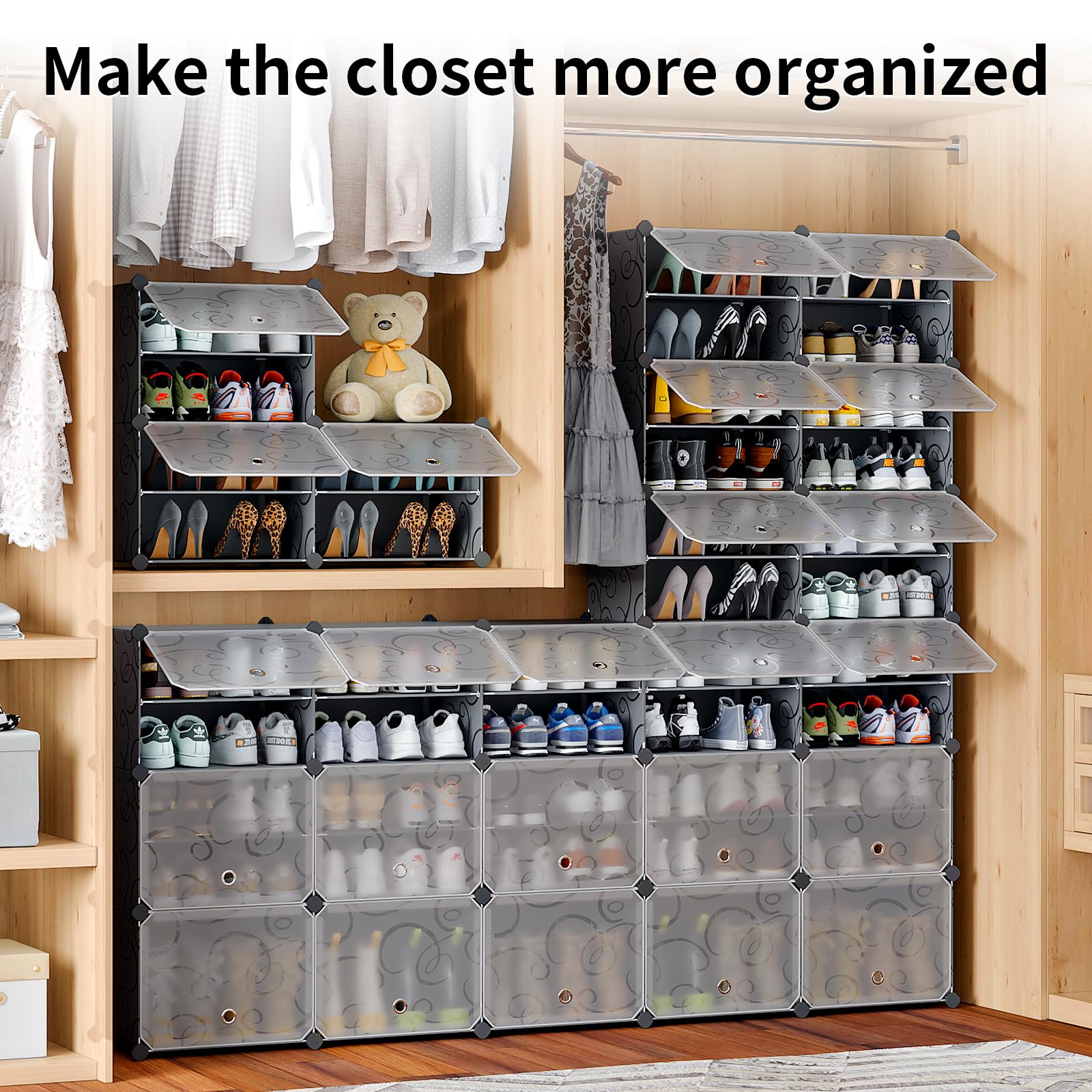 MAGINELS 96-Pairs Shoe Storage Cabinet with Doors - Portable Shoe Rack Organizer, Large DIY Plastic Detachable Shoe Shelves for Entryway, Bedroom, Closet - Black | Space Saving Shoe Storage Solution for Home Organization