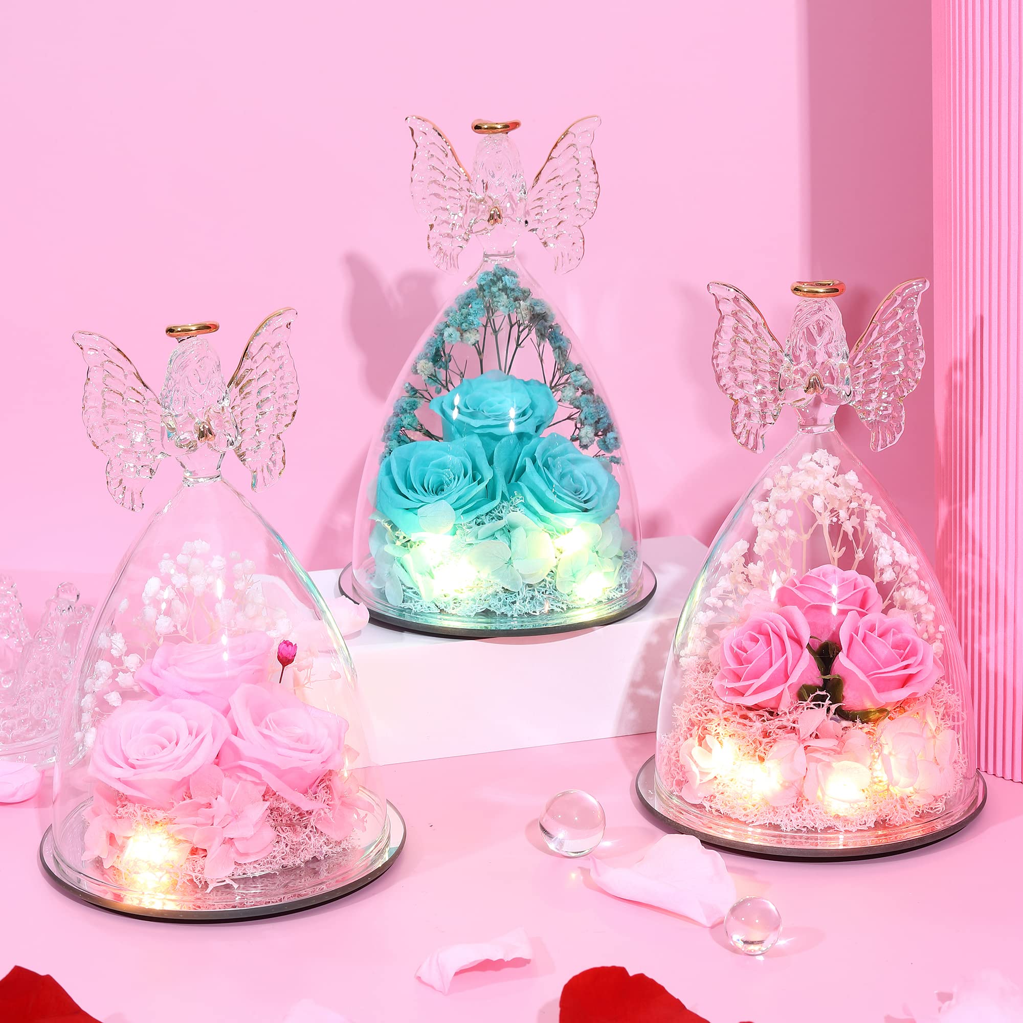 Glass Angel Figurine with 3 Preserved Real Roses - Eternal Rose Gift for Women, Mothers Day Present, Home Decor & Romantic Keepsake - Tify Blue
