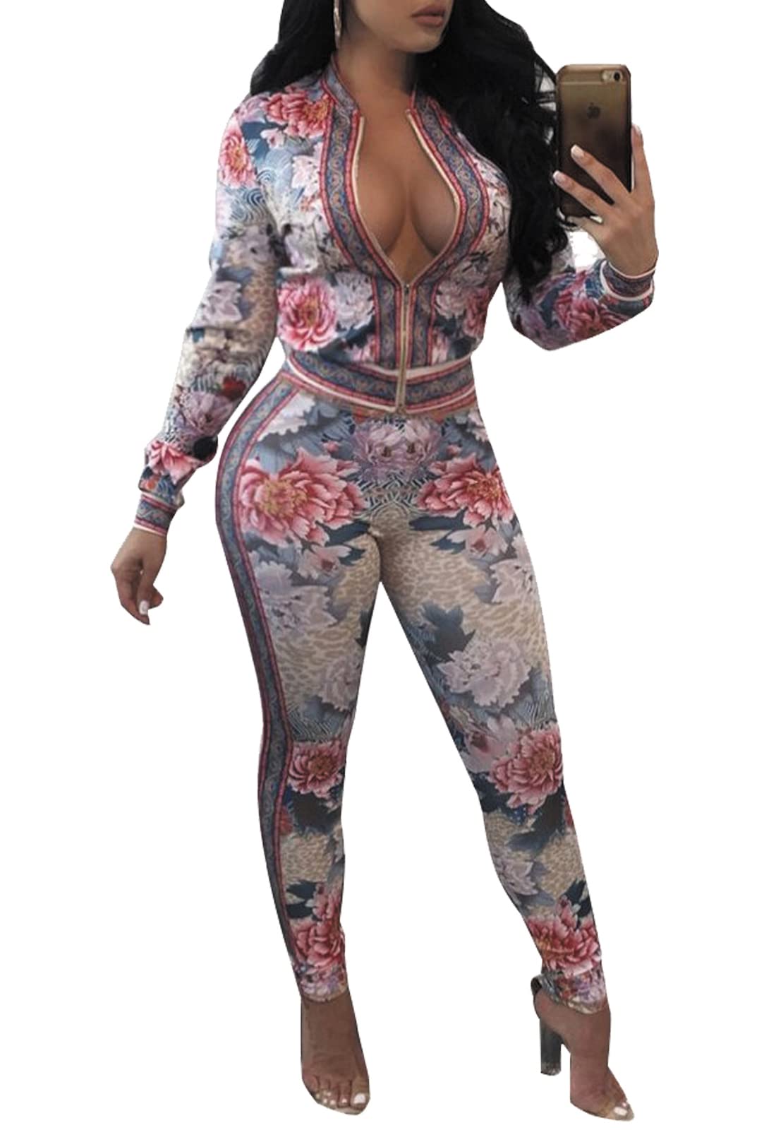 YouSexy Women's 2-Piece Floral Print Legging & Long Sleeve Tracksuit Set - Gym Workout, Yoga, Running & Casual Outfit