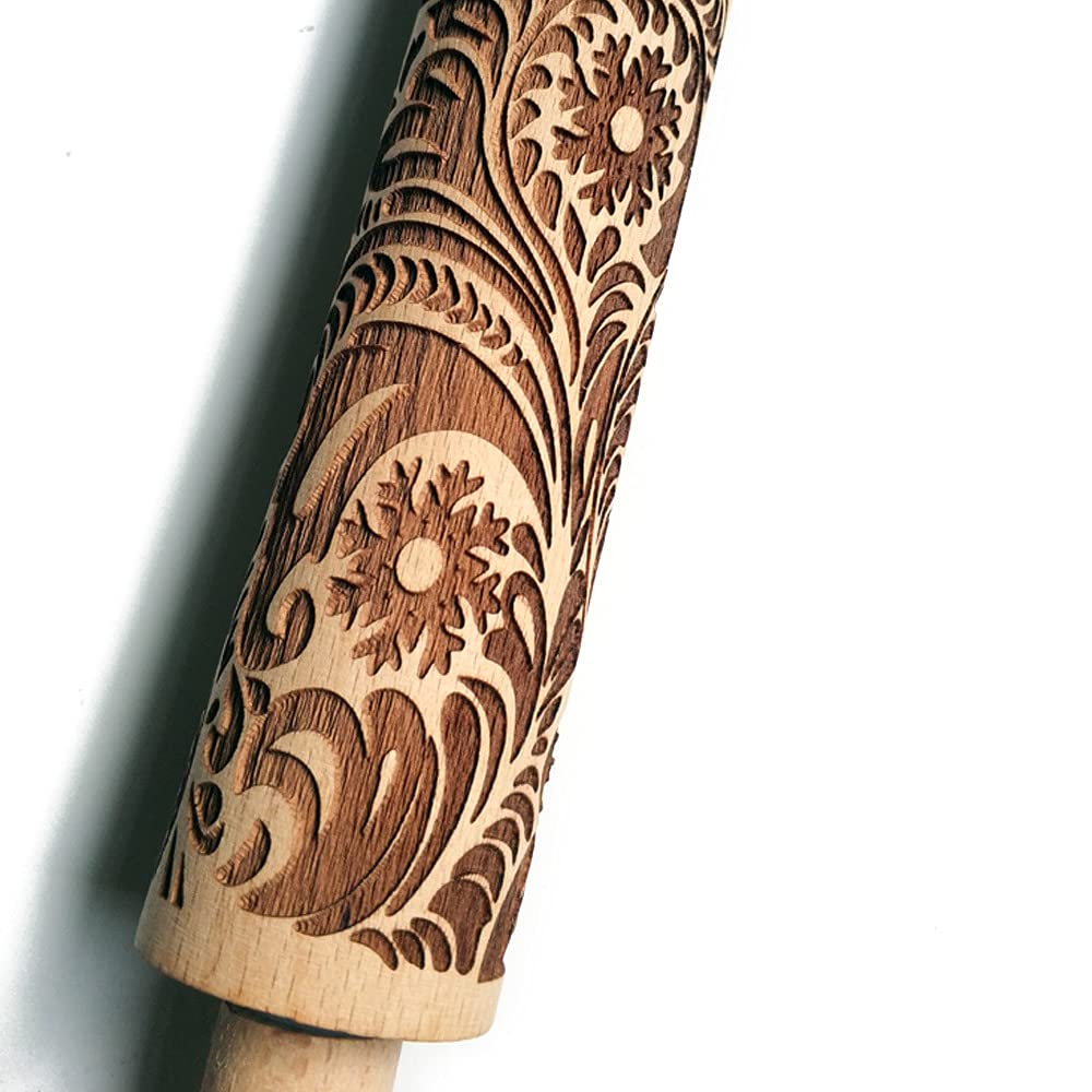 2 Pcs Embossed Wooden Rolling Pins - 3D Engraved Christmas Snowflake & Flower Pattern Dough Roller for Baking Cakes, Cookies, Pastry (14