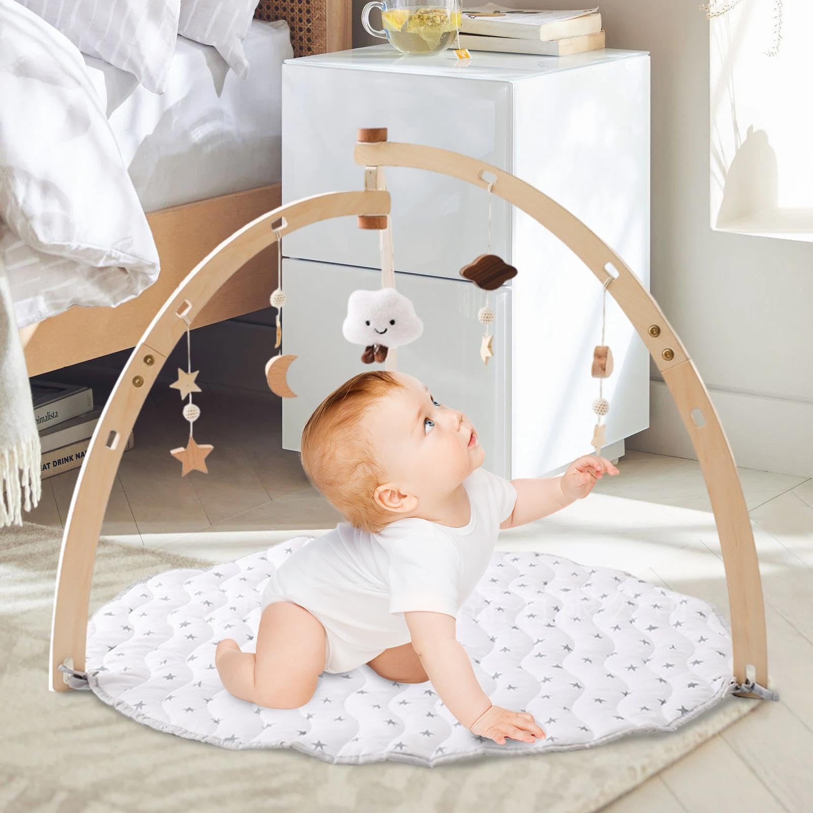 Wooden Baby Play Gym - Interactive Activity Center with Sensory Toys & Soft Mat for Infants & Toddlers | Montessori Learning, Tummy Time, Early Development Play Set