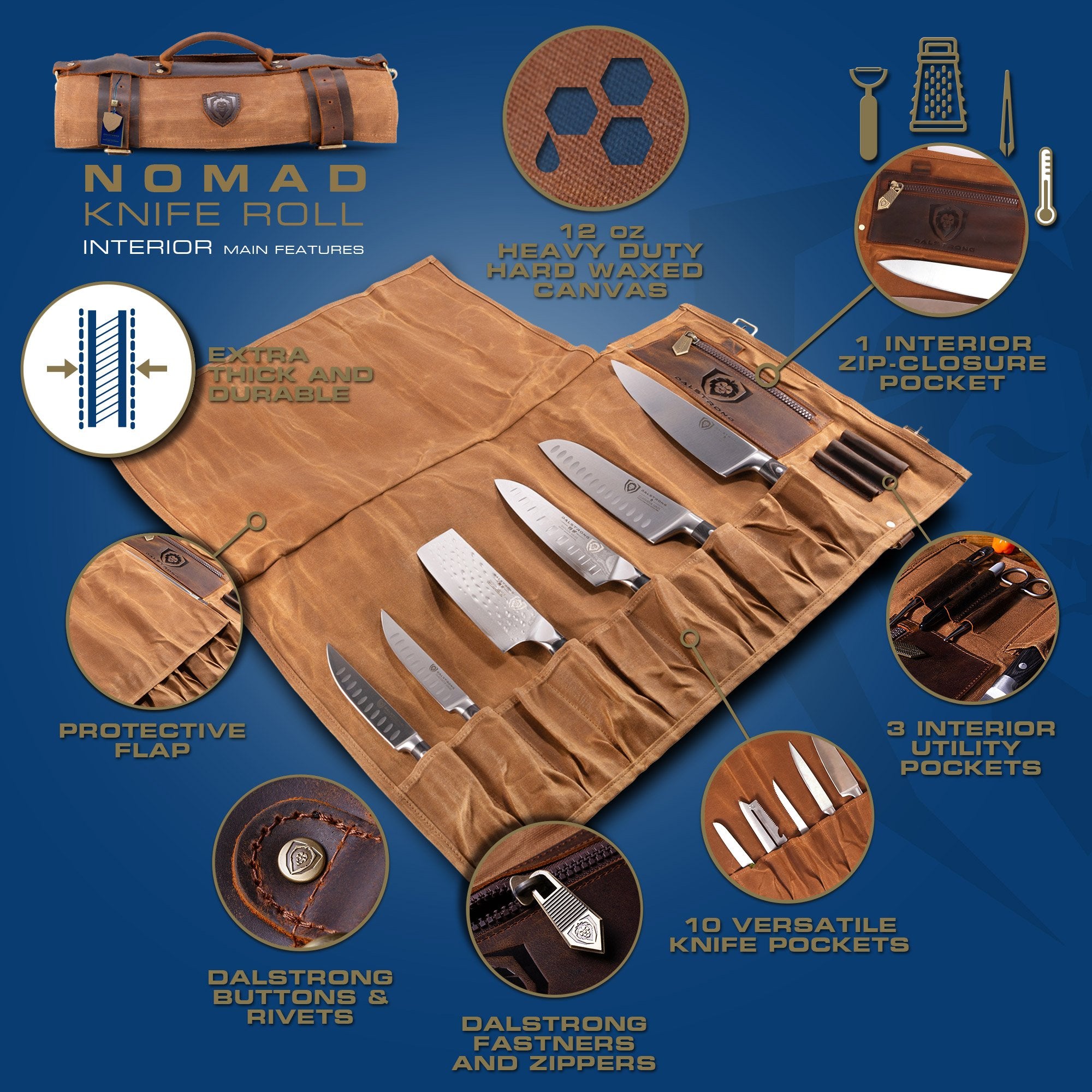 12oz Heavy Duty Canvas & Leather Knife Roll - Desert Drifter Brown - Professional Chef Knife Organizer - Dalstrong © - Perfect for Chefs, BBQ & Camping Gear Storage