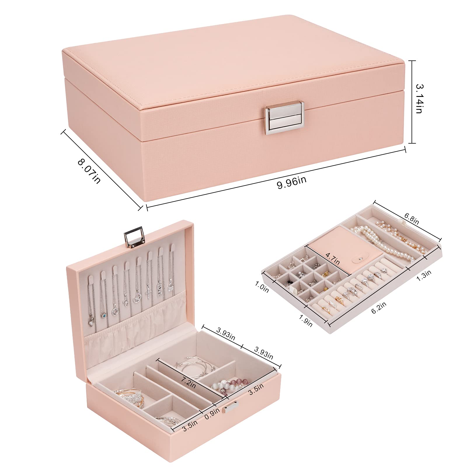 Large Travel Jewelry Organizer Box - Portable Jewelry Storage Case for Earrings, Rings & Necklaces | Pink Jewelry Box for Women | Perfect for Travel, Home & Gift Giving
