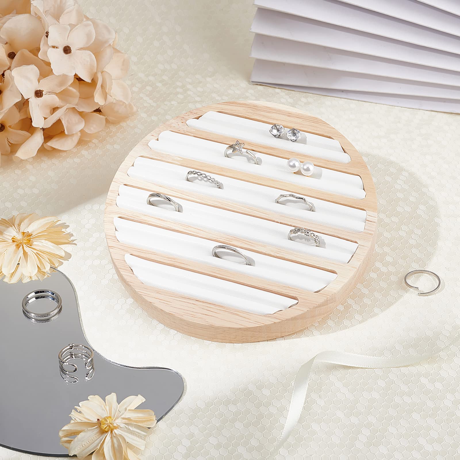 Wooden Jewelry Display Tray with 6 Long Slots & White Leather Insert - 5.89 Inch Diameter Ring Earring Organizer for Retail Stores, Boutiques & Home Jewelry Storage | Perfect for Necklace, Bracelet & Earring Display