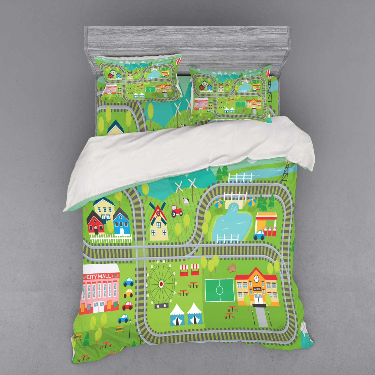 Ambesonne Cartoon Train Tracks Duvet Cover Set - Colorful City & Amusement Park Design, 3-Piece Queen Size Bedding Set with Sham & Fitted Sheet, Multicolor - Perfect for Kids' Rooms, Themed Bedrooms & Play Areas