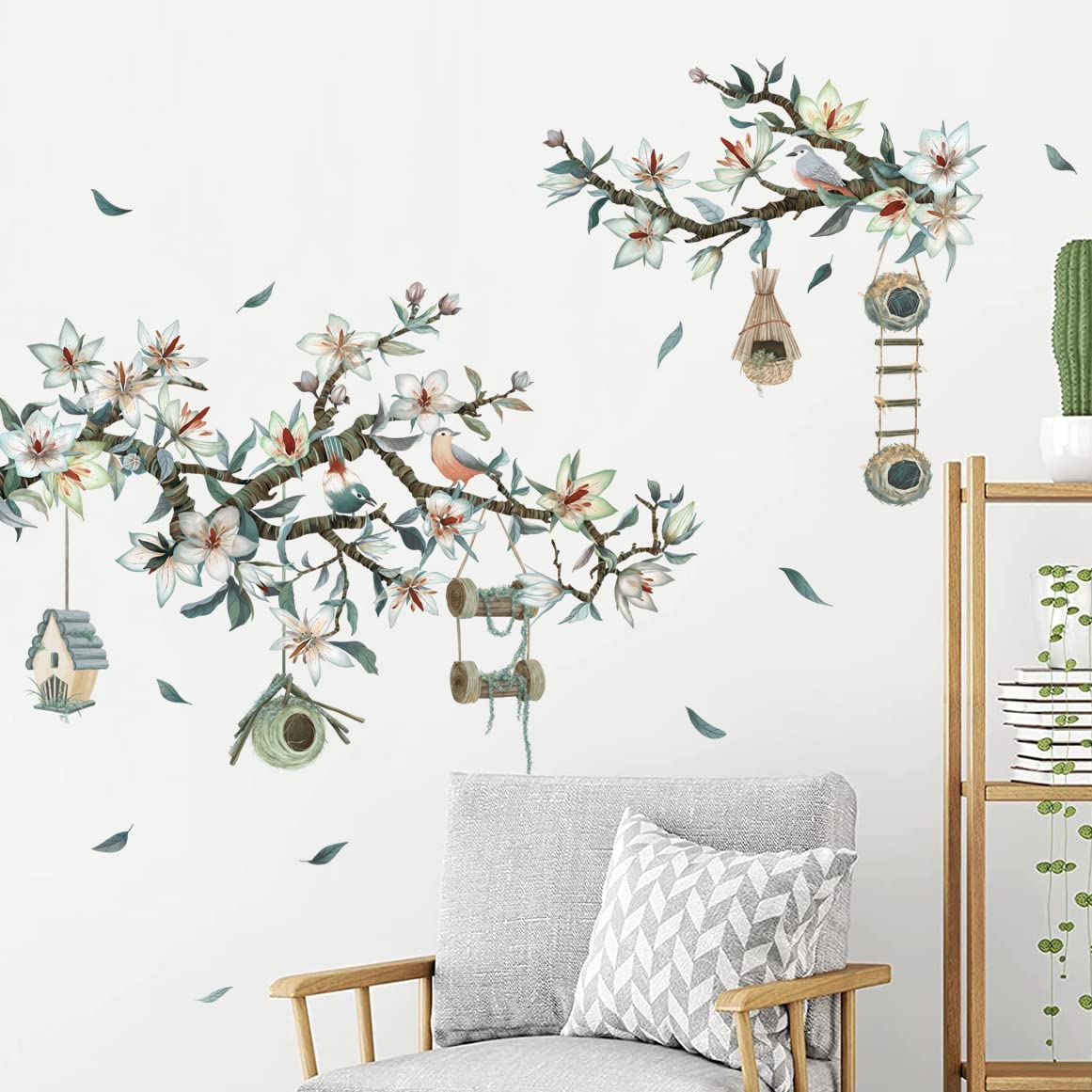 3D Magnolia Branch Wall Decals - DIY Removable Wall Stickers with Birdhouse & Flowers, Rustic Home Decor for Bedroom, Living Room, Nursery, Kitchen | Perfect for Girls Room, Farmhouse & Boho Style Interior Design