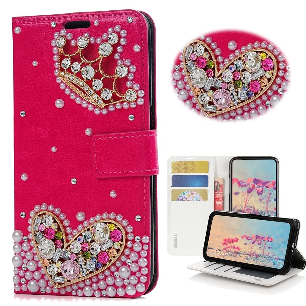STENES Bling Wallet Phone Case for iPhone 11 - 3D Handmade Crown Heart Design Leather Cover with Wrist Strap & Card Slots [3 Pack, Red] - Fashion Accessory for Women, Girls | Perfect for Parties, Dating & Daily Use