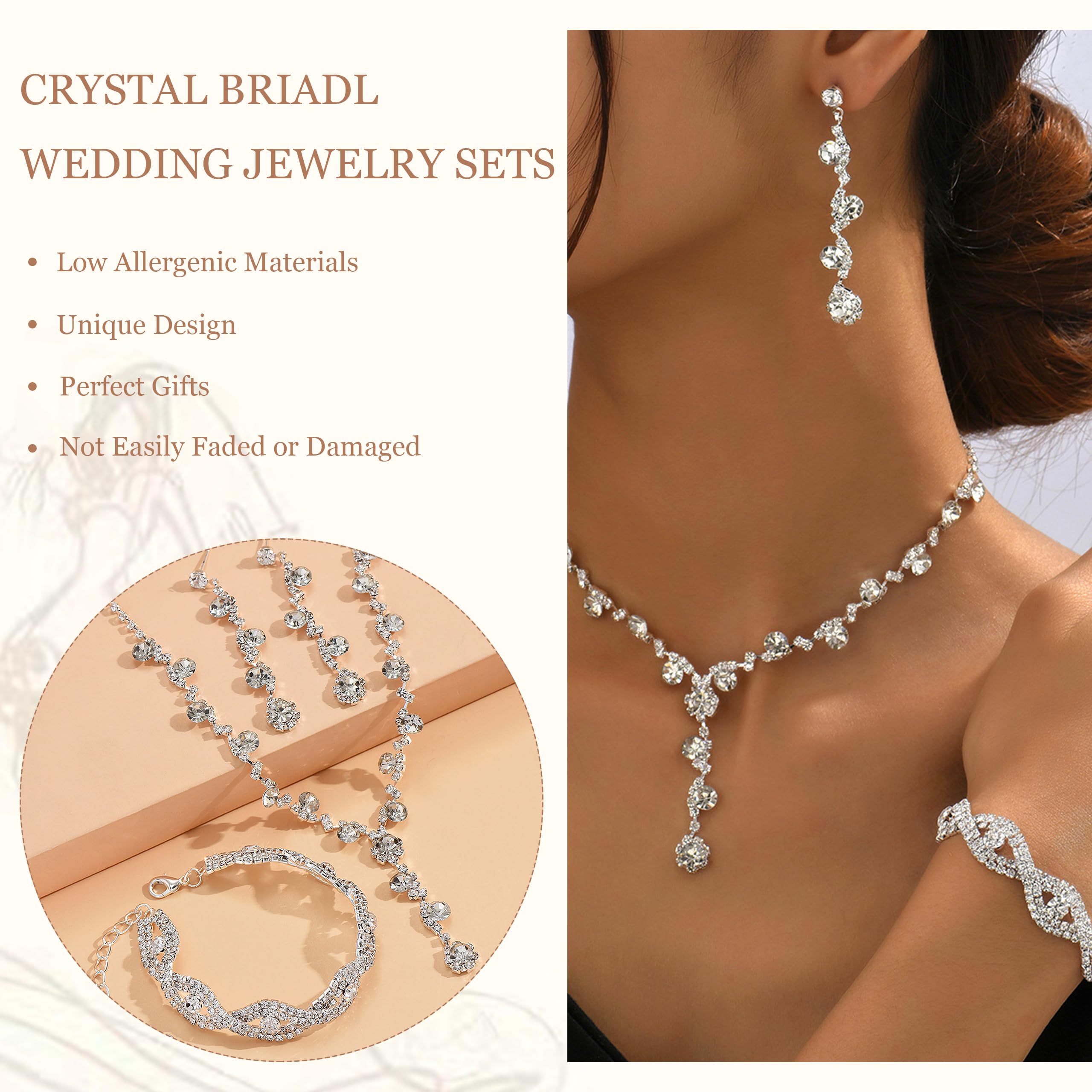 Elegant Silver Rhinestone Wedding Jewelry Set for Brides & Bridesmaids - Necklace, Earrings & Bracelet Set | Formal Costume Jewelry for Women | Perfect for Weddings, Proms & Special Occasions