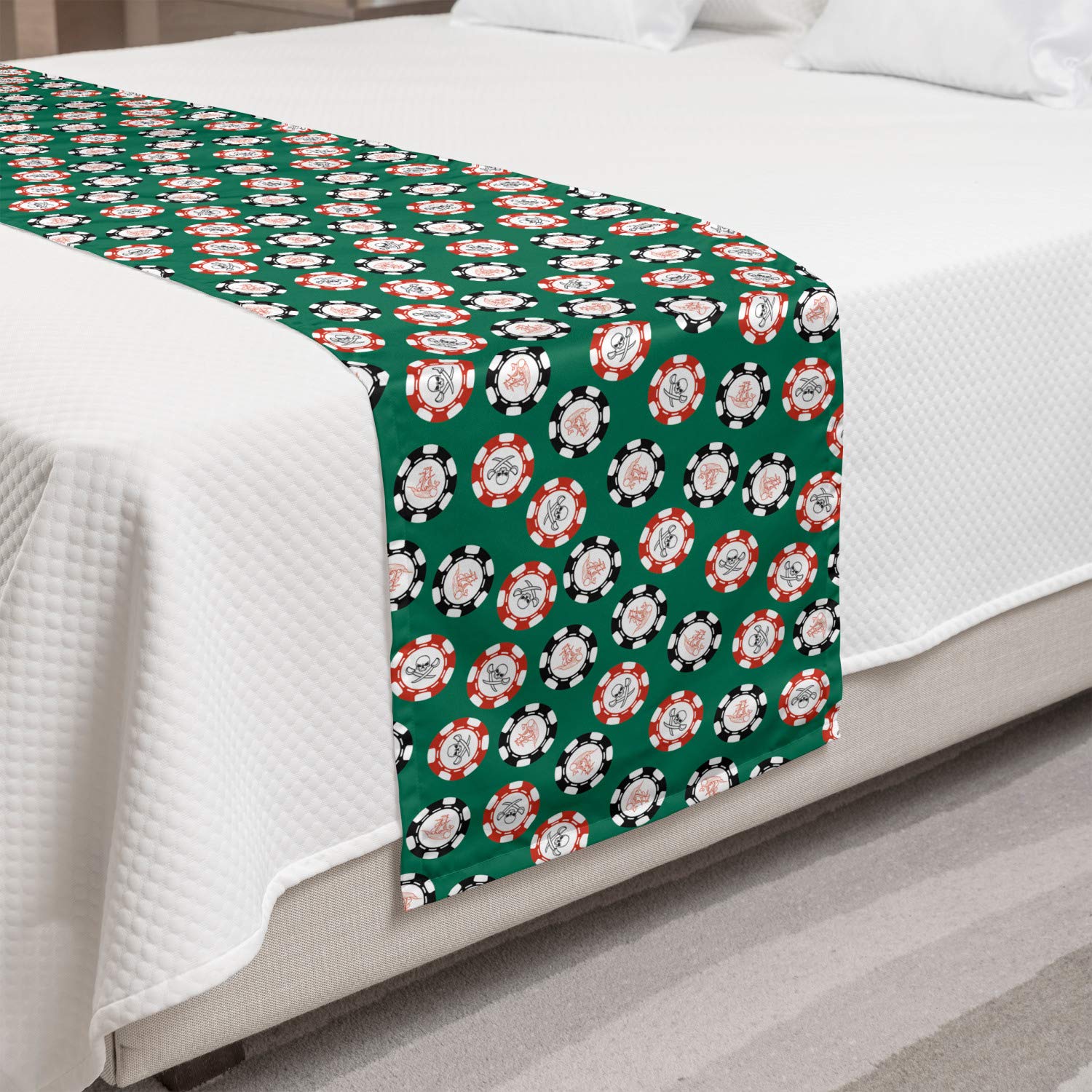 Ambesonne Casino Bed Runner - Poker Chips & Pirate Money Design with Skull & Bones Artwork - Decorative Bed Scarf for Home, Hotel & Guest Room Decor - Jade Green & Red - Perfect for Casino-Themed Parties & Luxury Bedroom Styling