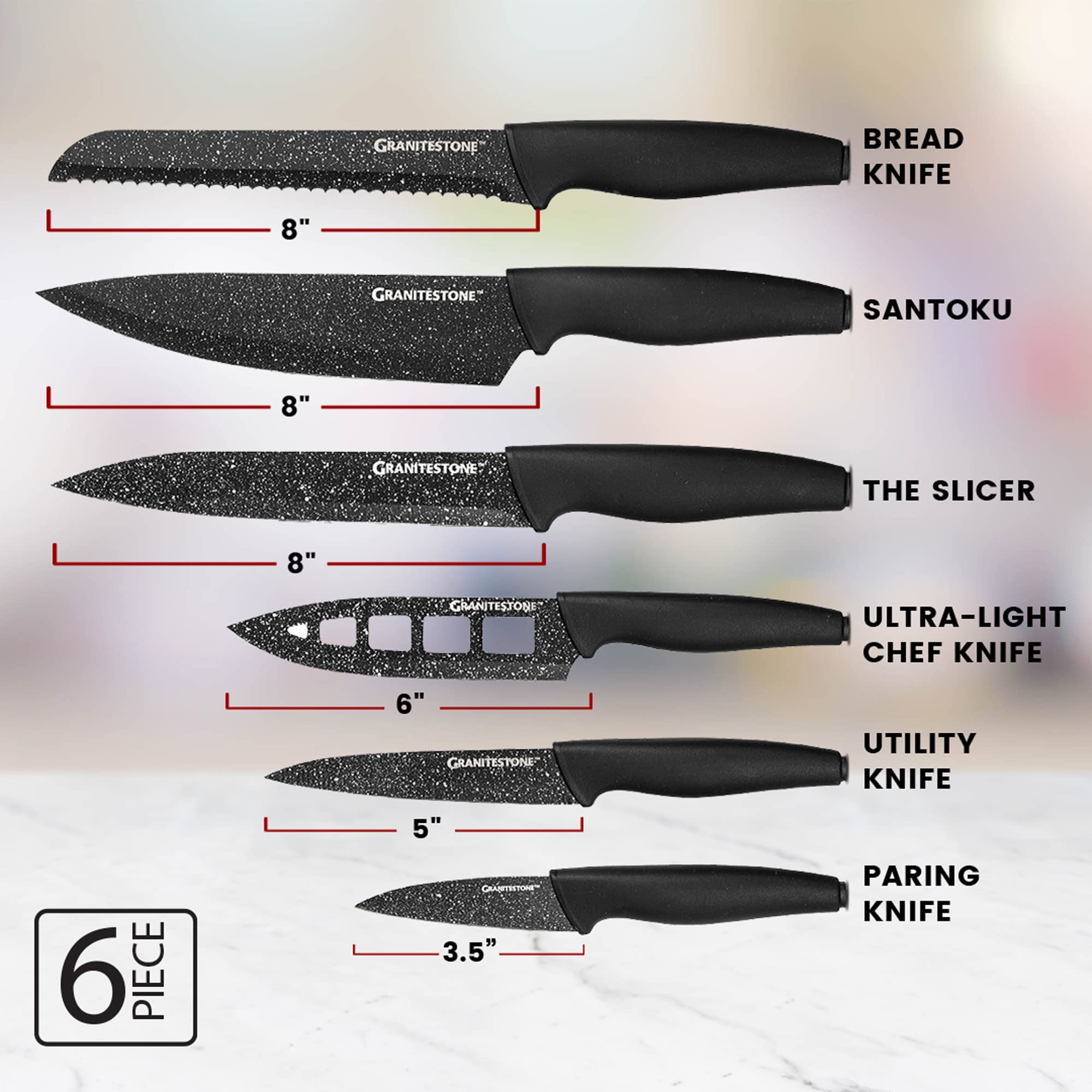 Granitestone Nutriblade 6-Piece Professional Chef Knife Set with Block - Ultra Sharp Stainless Steel Knives with Nonstick Granite Coating, Ergonomic Grip, Dishwasher Safe (Black) - Perfect for Home Cooking, Professional Kitchens & Gift Giving