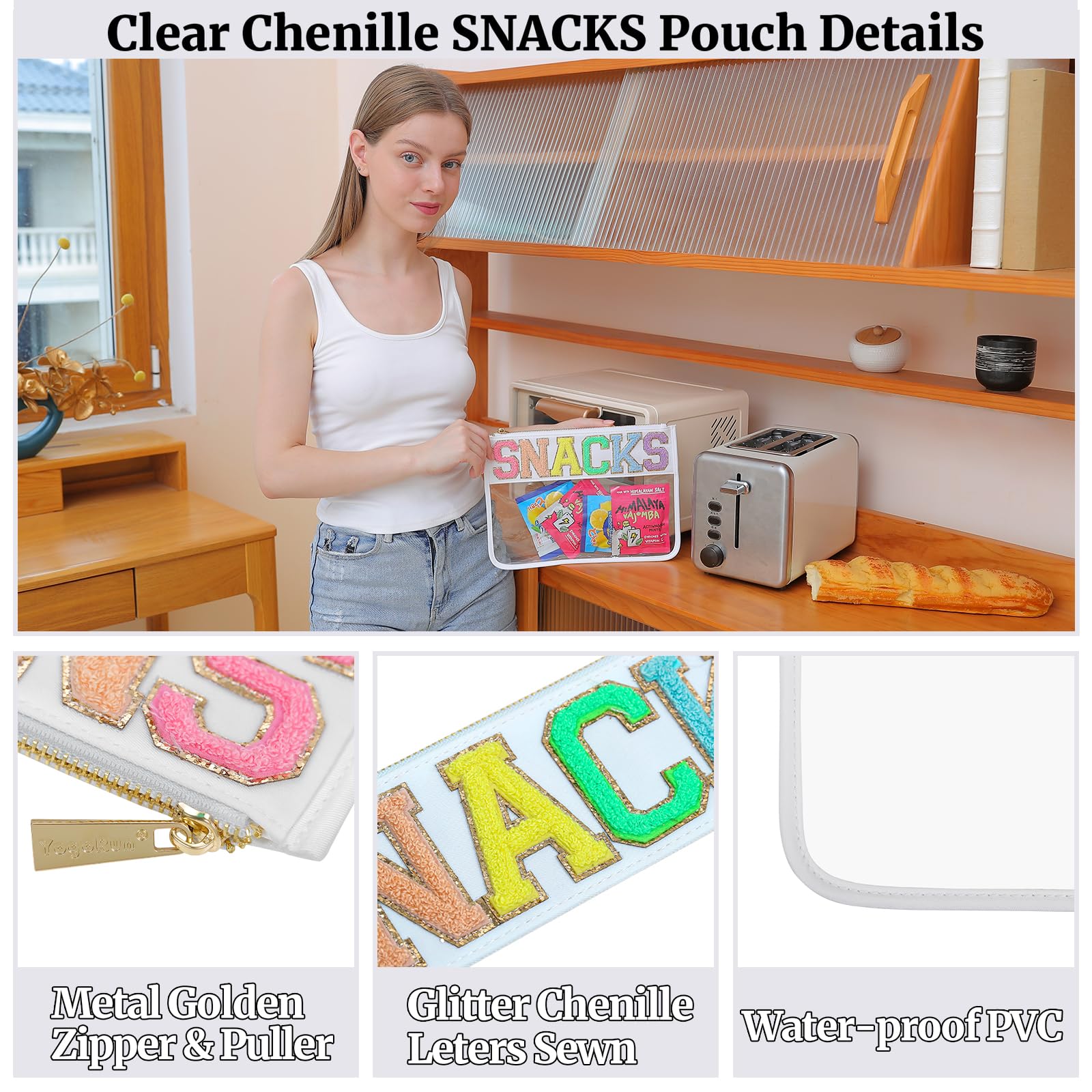 Clear Glitter Chenille Snack Bags for Travel - Reusable Zipper Pouch for Snacks, Candy, Jewelry & Essentials - Perfect Women's Gift (White) - Great for Road Trips, Airplane Snacks & Daily Organization